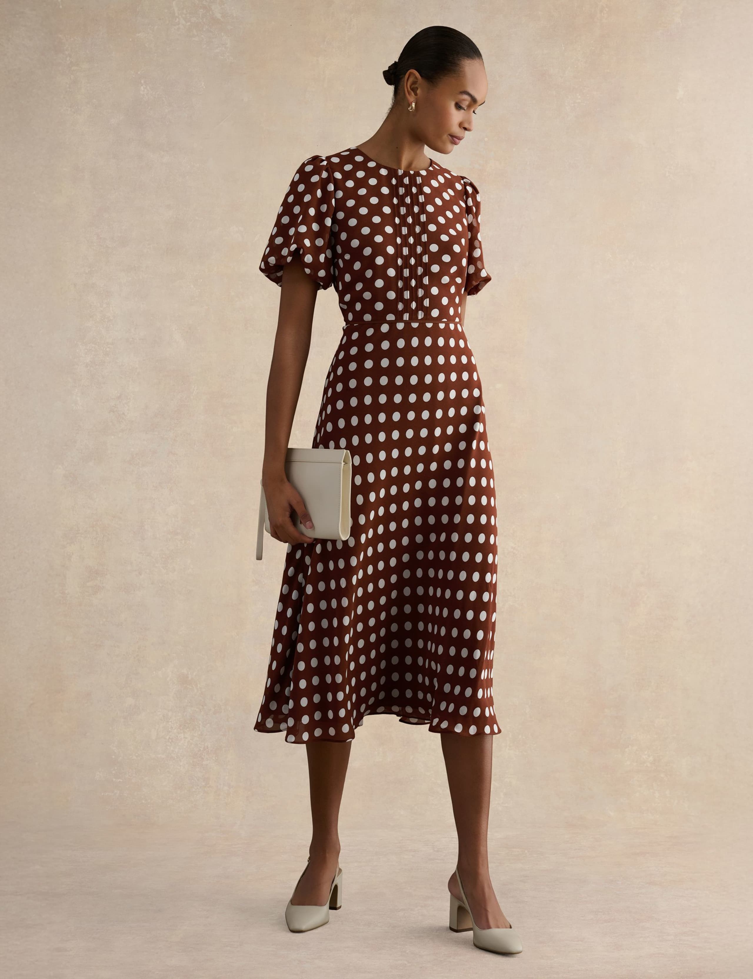 Polka Dot Puff Sleeve Midi Skater Dress 1 of 5