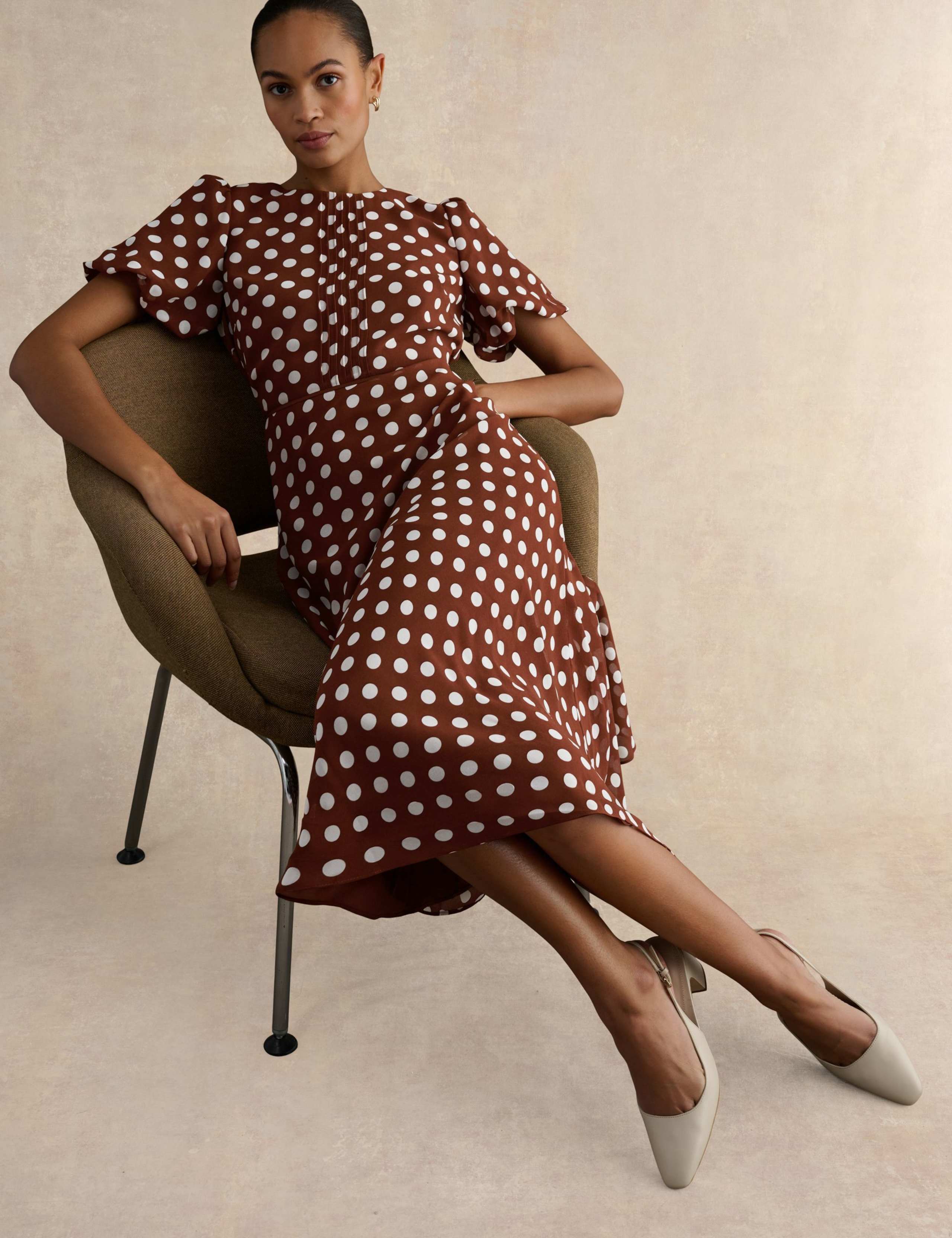 Polka Dot Puff Sleeve Midi Skater Dress 3 of 5