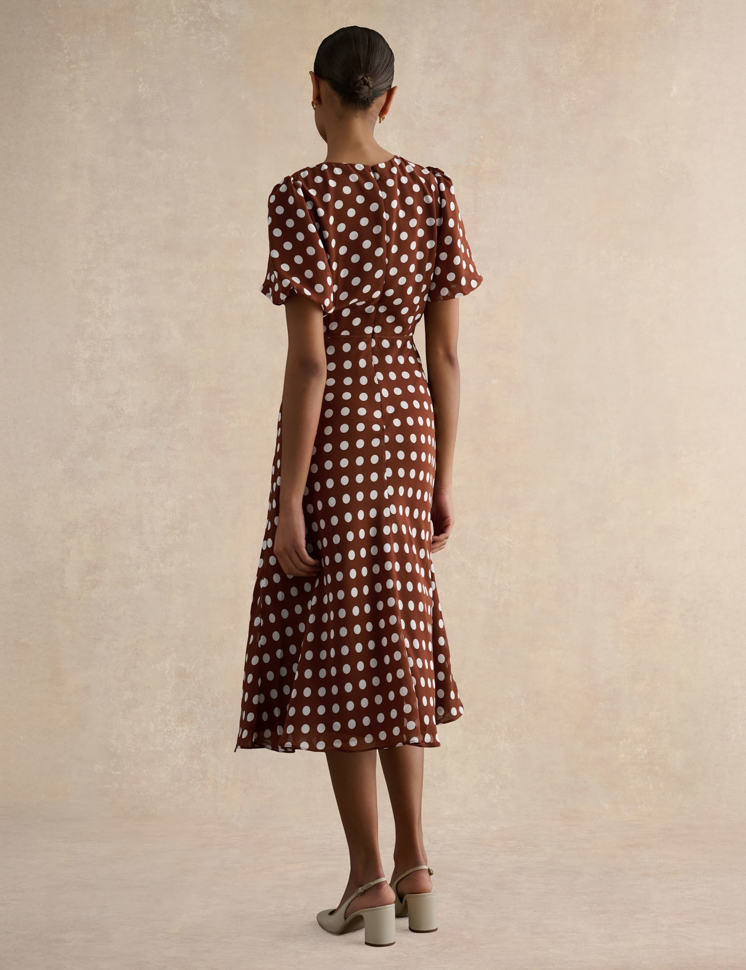 Polka Dot Puff Sleeve Midi Skater Dress 4 of 5