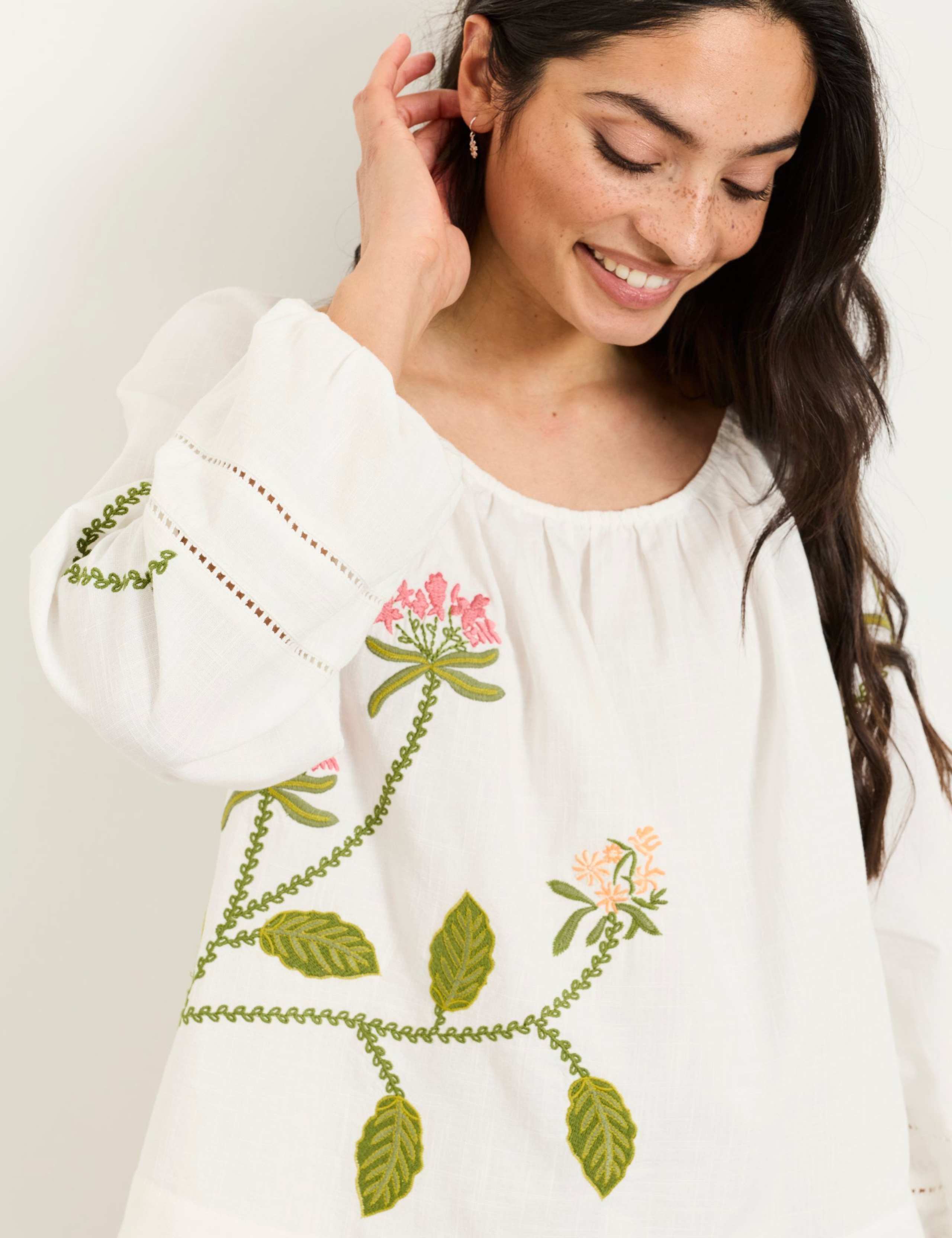 Cotton Blend Embroidered Scoop Neck Blouse 3 of 5