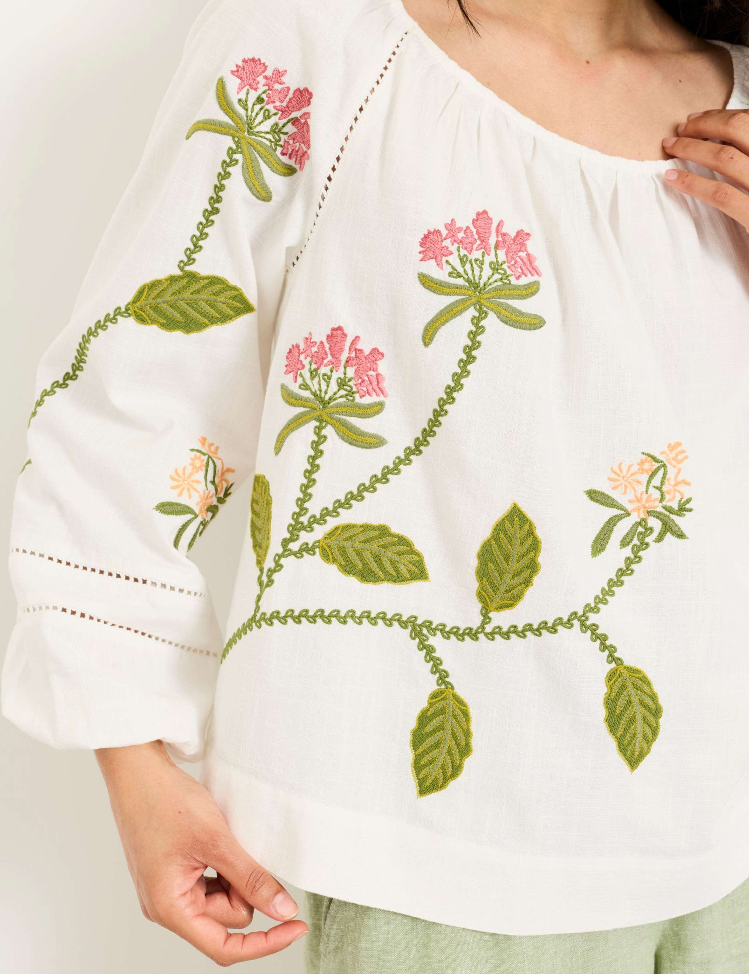Cotton Blend Embroidered Scoop Neck Blouse 4 of 5