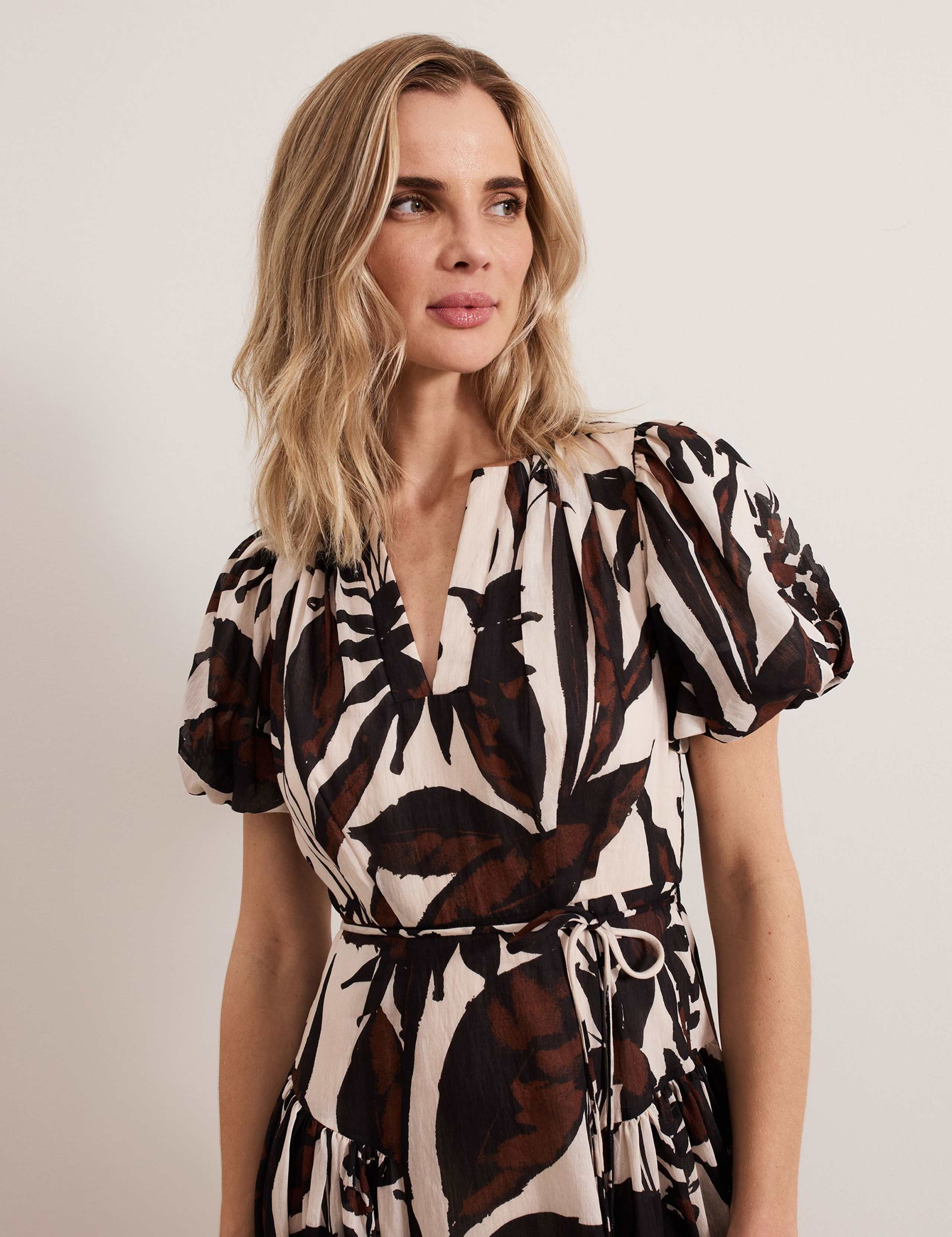 Lyocell Rich Printed V-Neck Midi Waisted Dress 3 of 8
