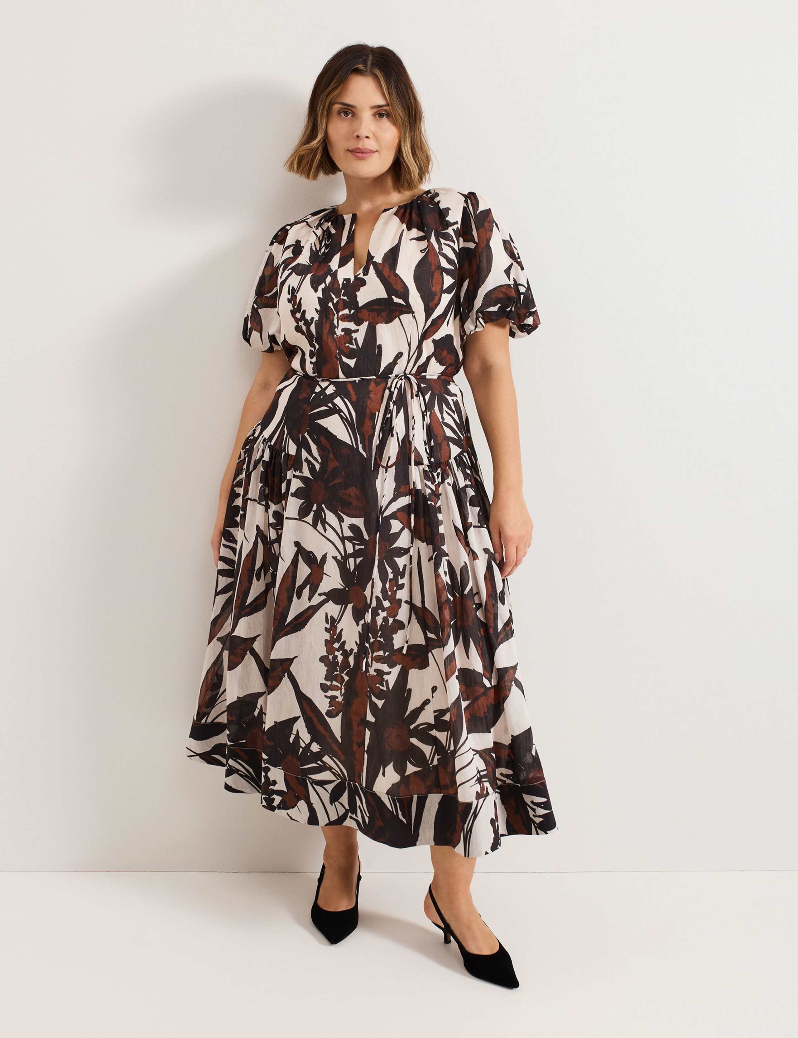 Lyocell Rich Printed V-Neck Midi Waisted Dress 6 of 8