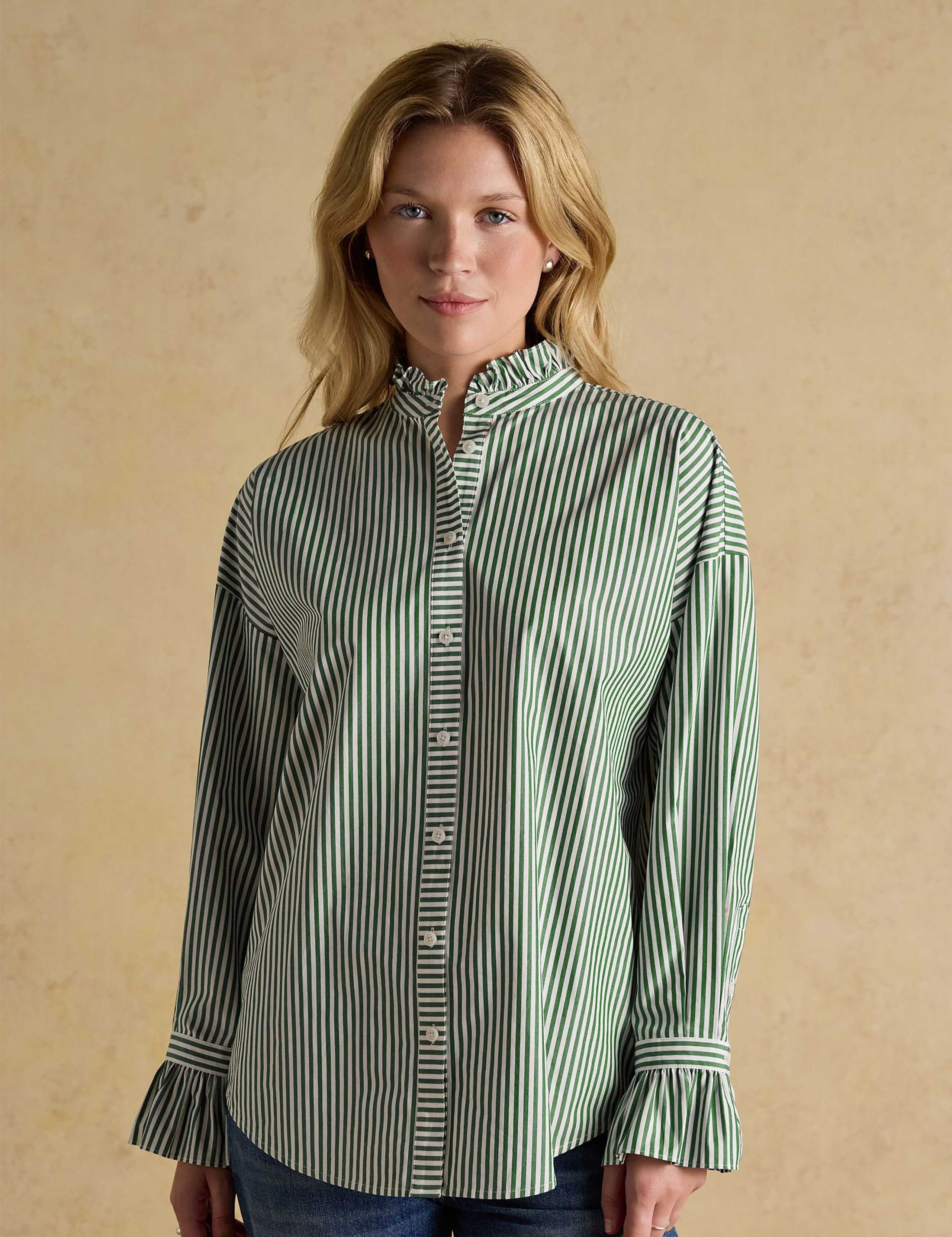 Pure Cotton Striped Frill Neck Shirt 1 of 6