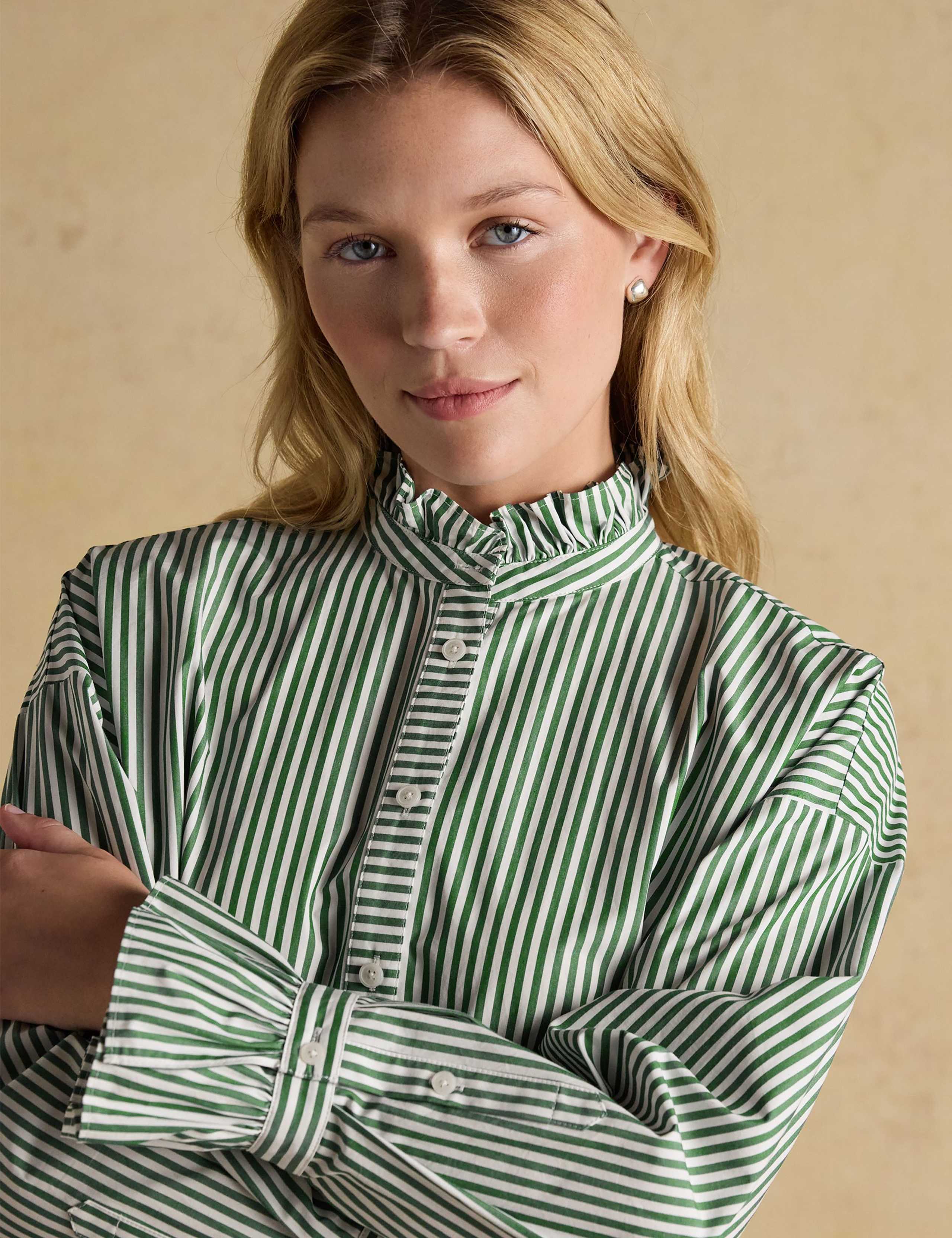 Pure Cotton Striped Frill Neck Shirt 5 of 6