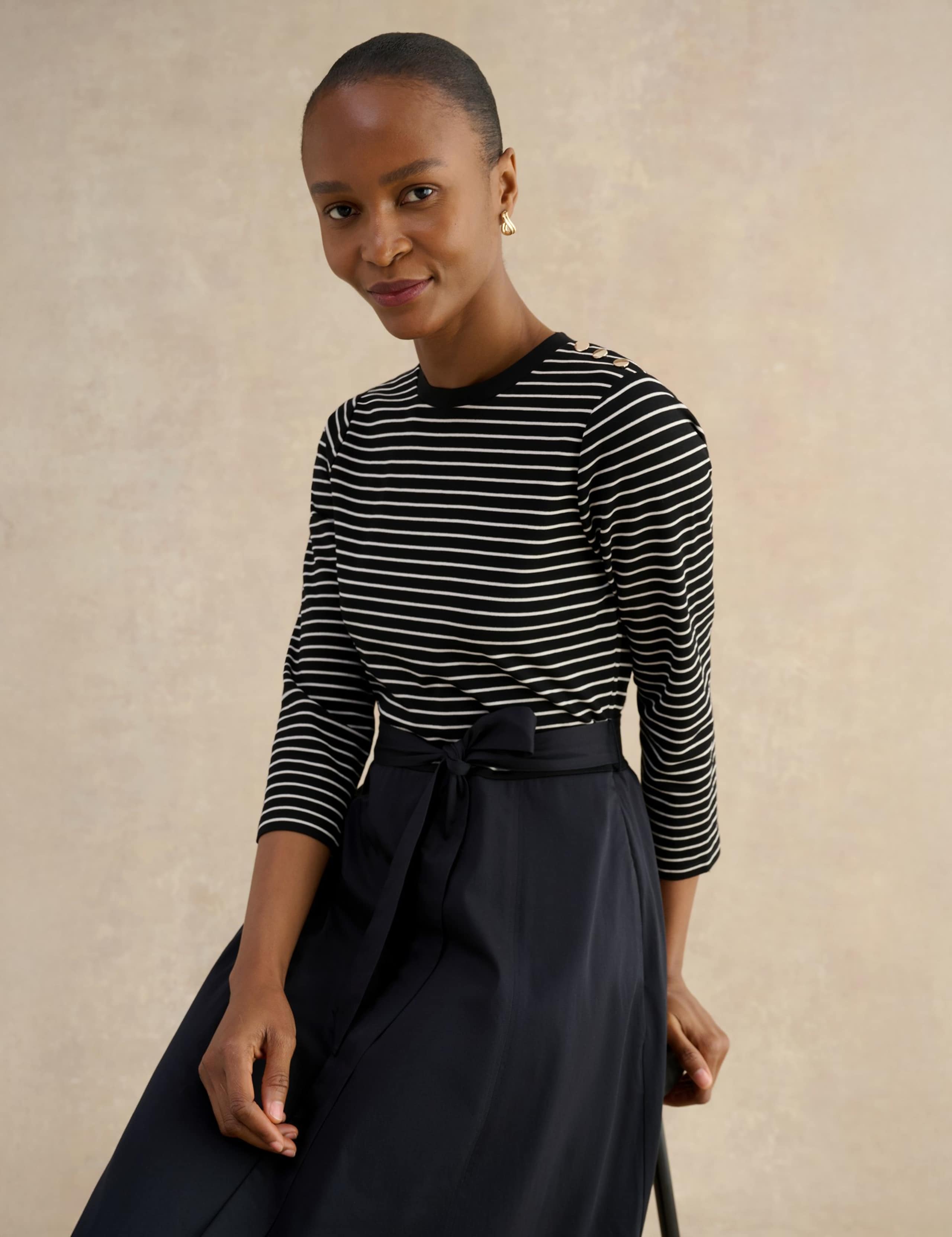 Striped Tie Waist Knee Length Skater Dress 1 of 5