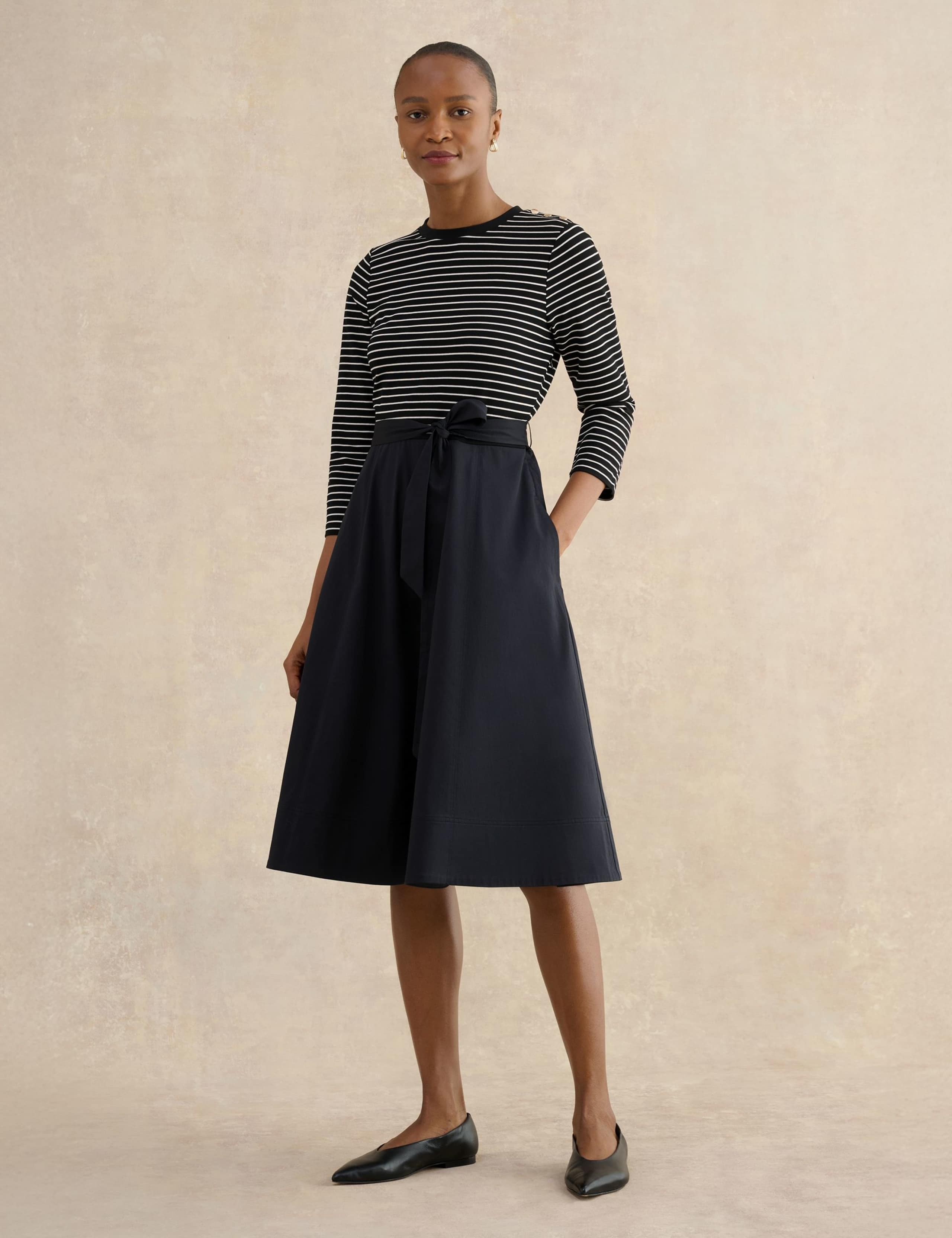 Striped Tie Waist Knee Length Skater Dress 3 of 5