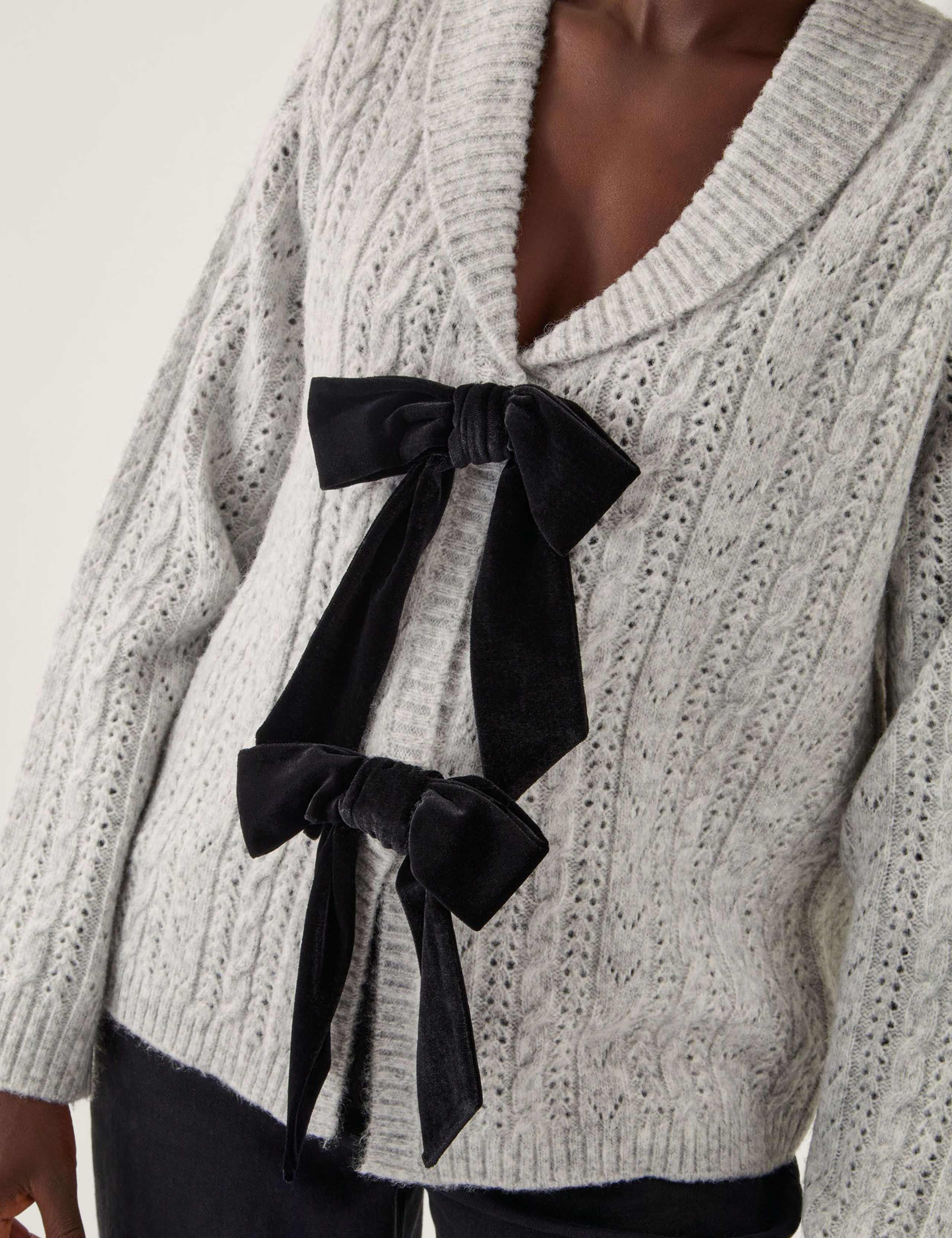 Cable Knit Pointelle V-Neck Cardigan 2 of 2