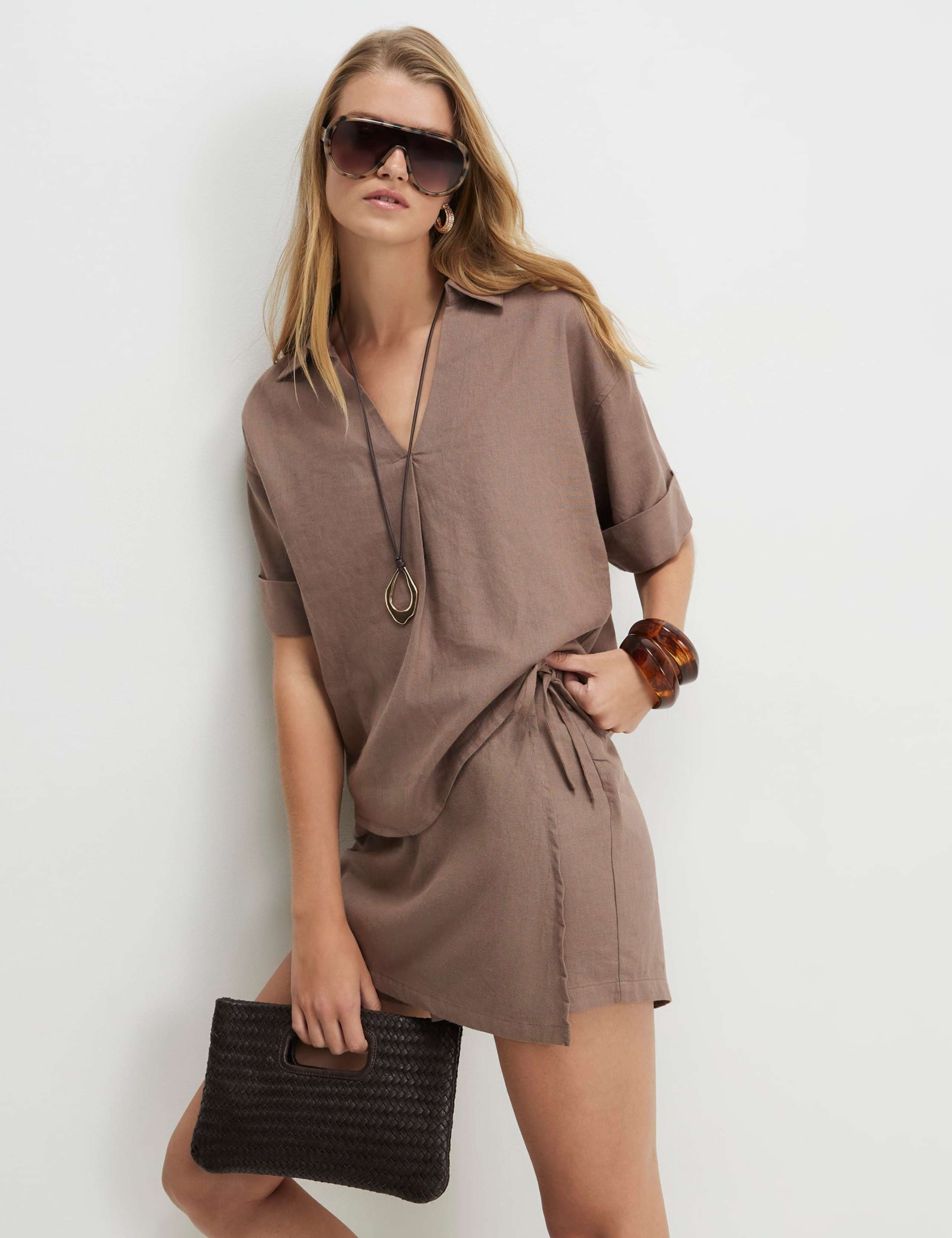 Linen Blend Wrap Front Side Tie Skort 3 of 4