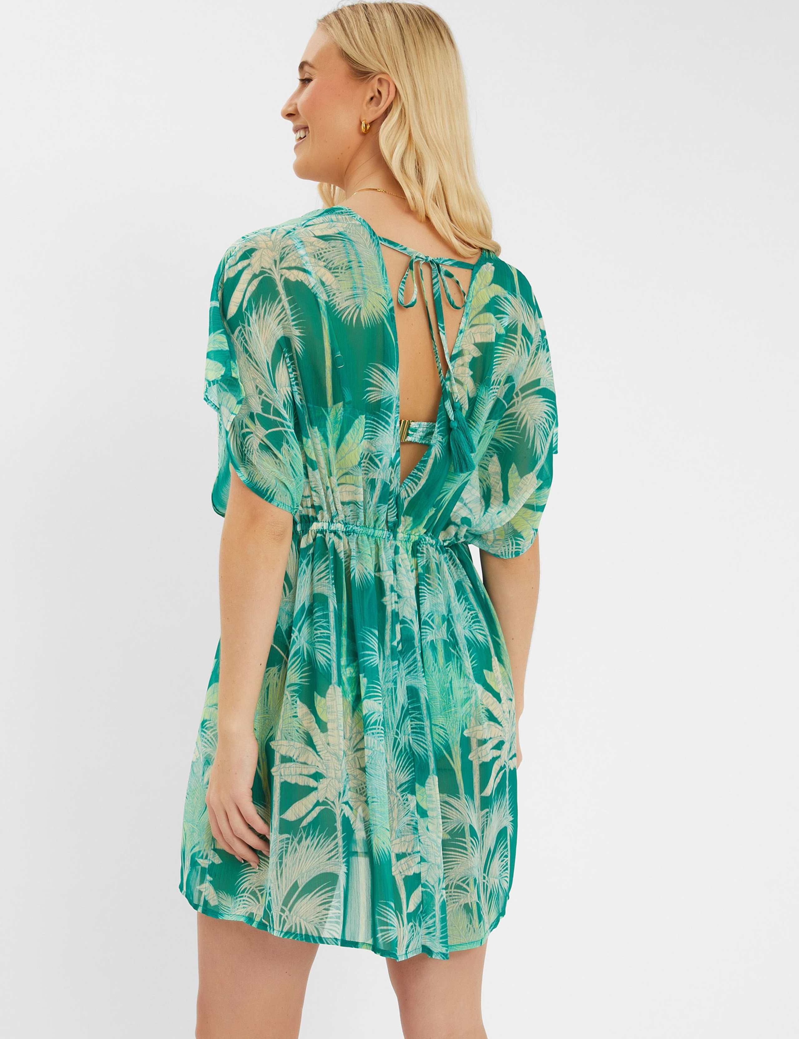 Leaf Print V-Neck Beach Cover Up Kaftan 3 of 4