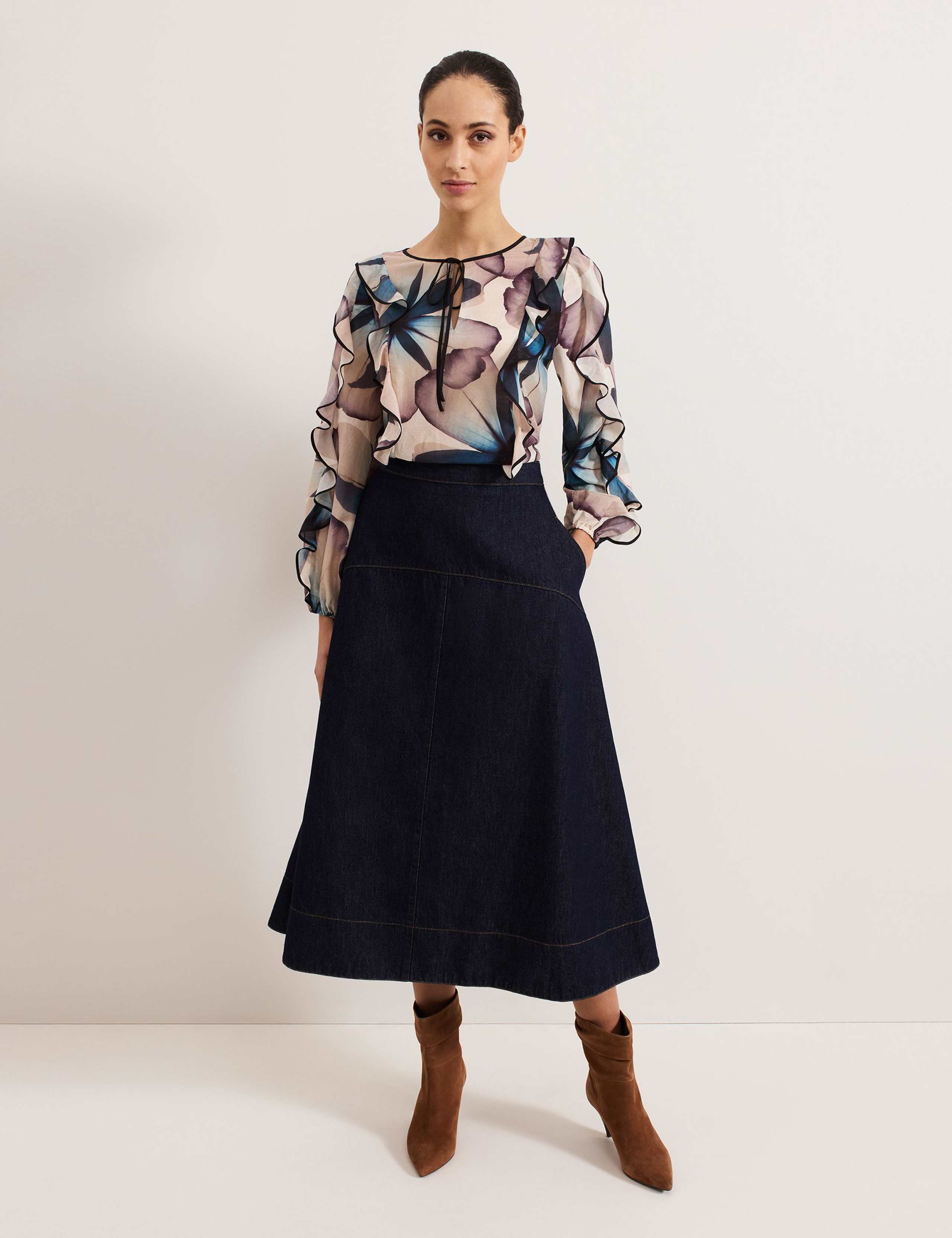 Silk Blend Floral Tie Neck Blouse 3 of 7