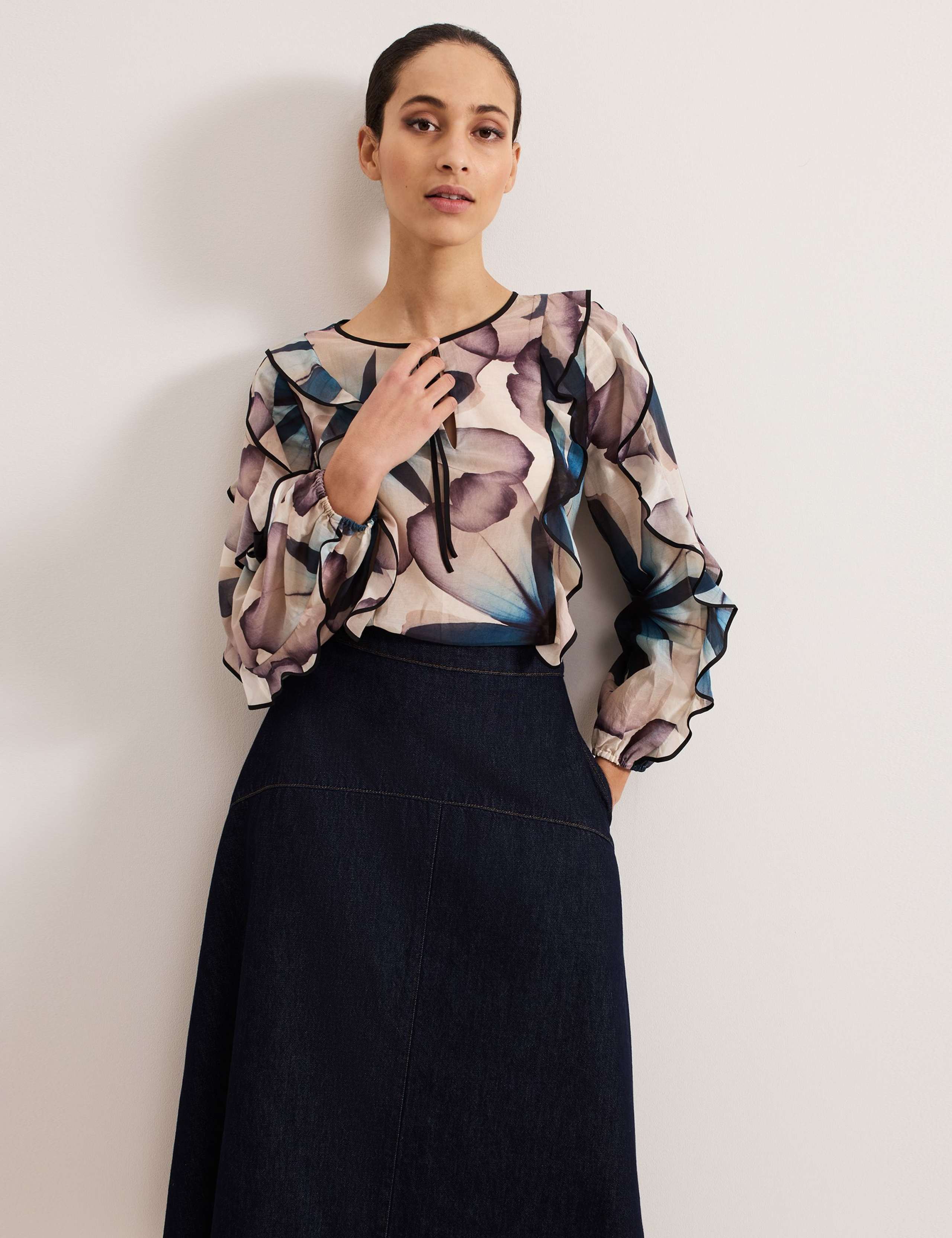 Silk Blend Floral Tie Neck Blouse 5 of 7