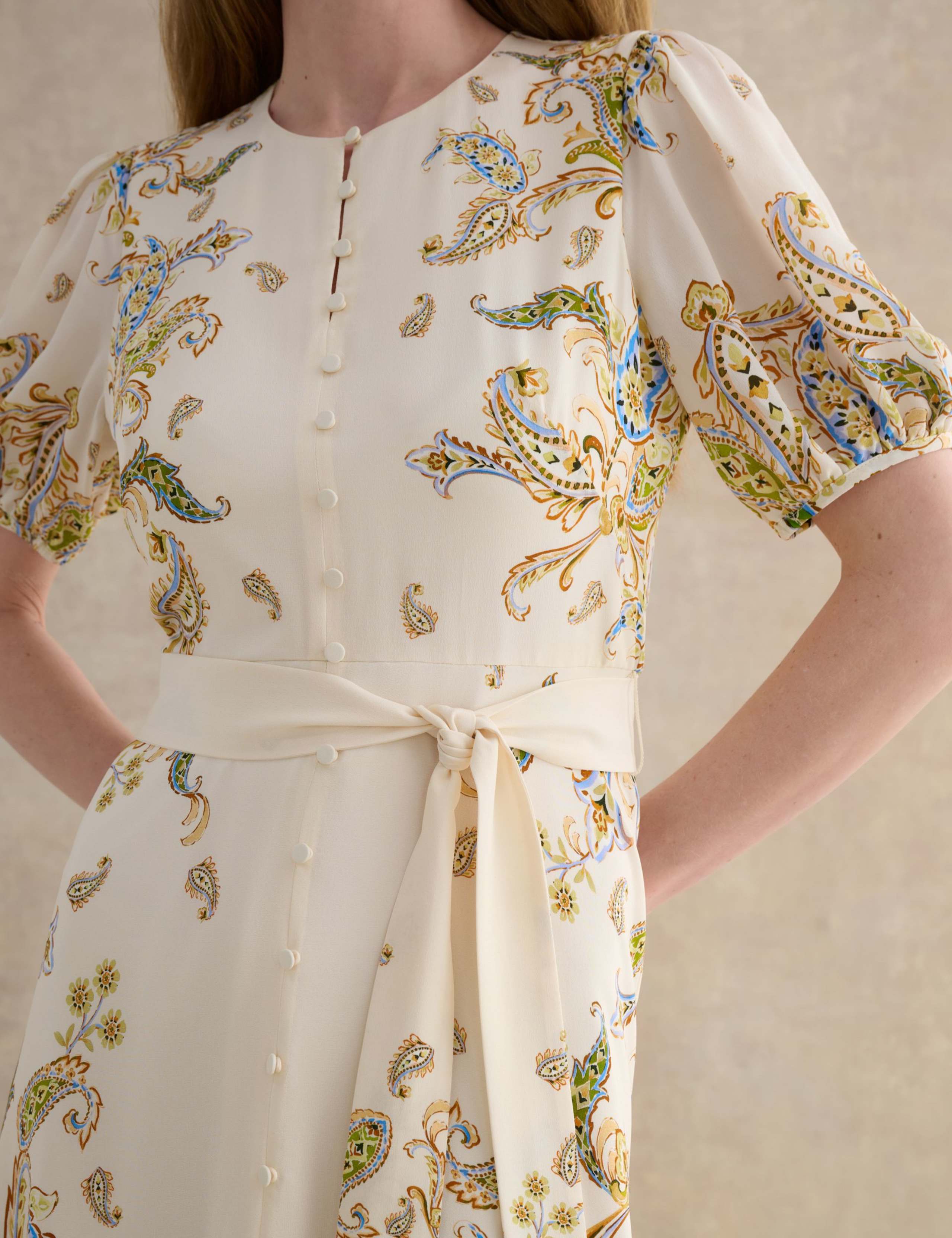 Pure Silk Paisley Belted Midi Skater Dress 4 of 5