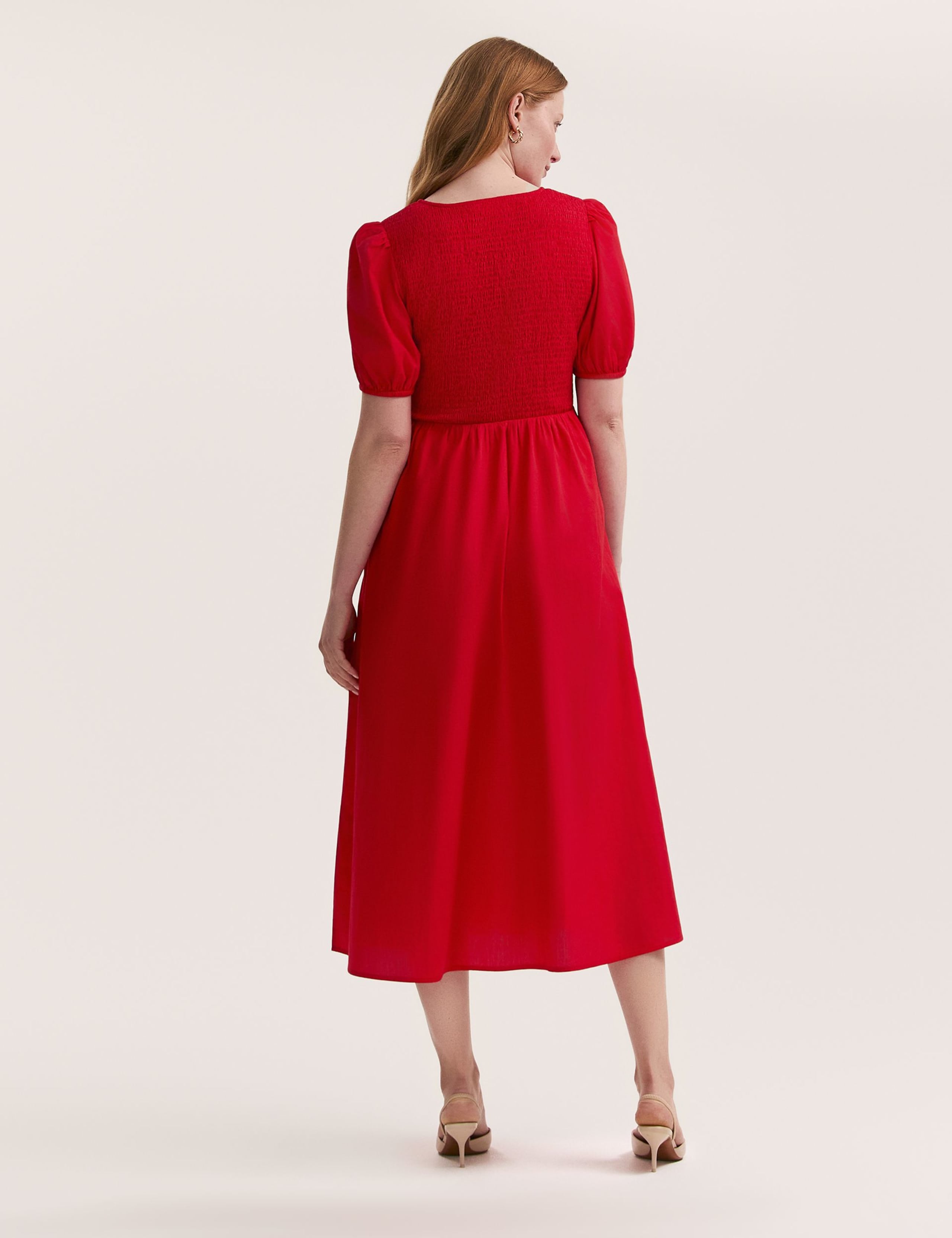 Pure Cotton V-Neck Midi Shirred Dress 2 of 4