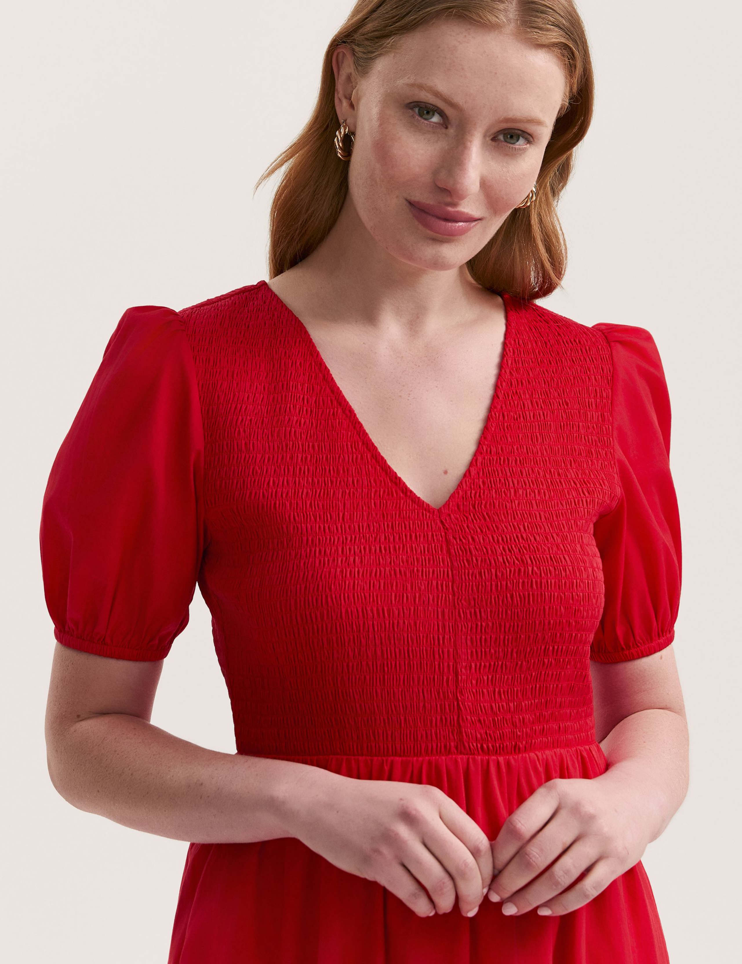 Pure Cotton V-Neck Midi Shirred Dress 3 of 4