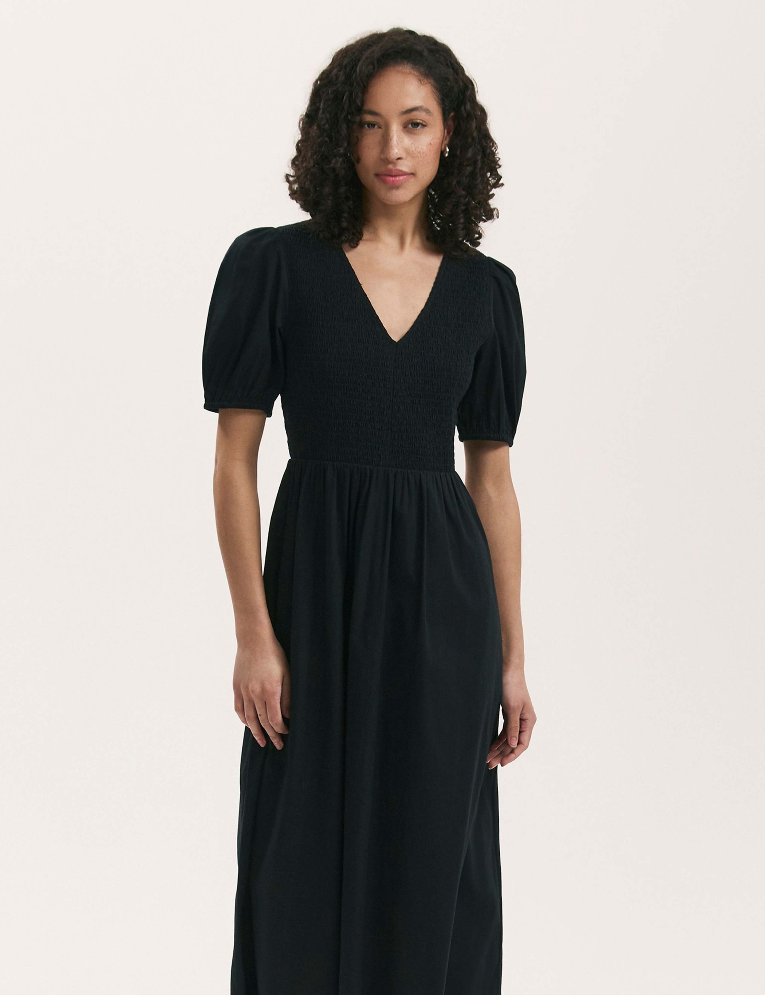 Pure Cotton V-Neck Midi Shirred Dress 2 of 4