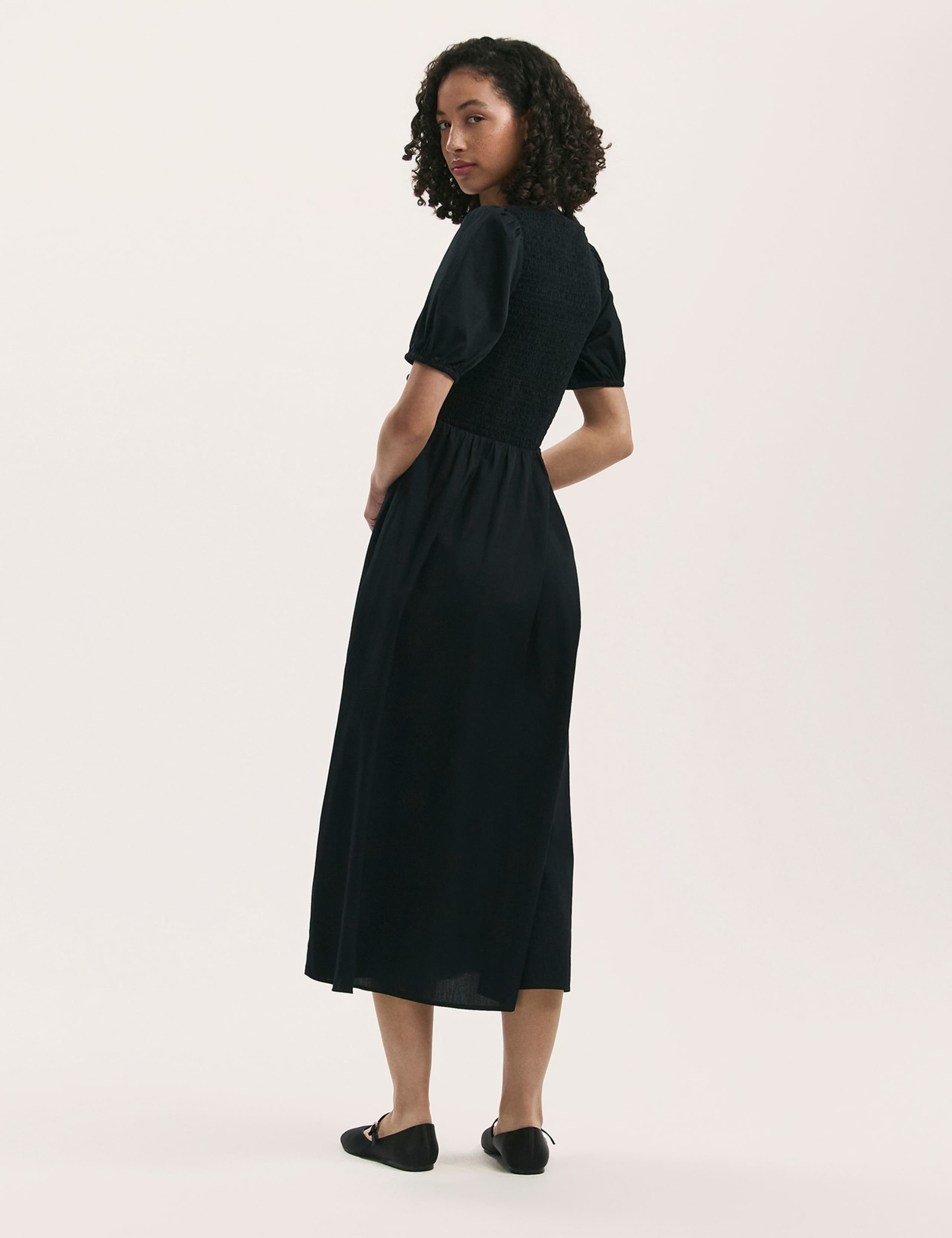 Pure Cotton V-Neck Midi Shirred Dress 3 of 4
