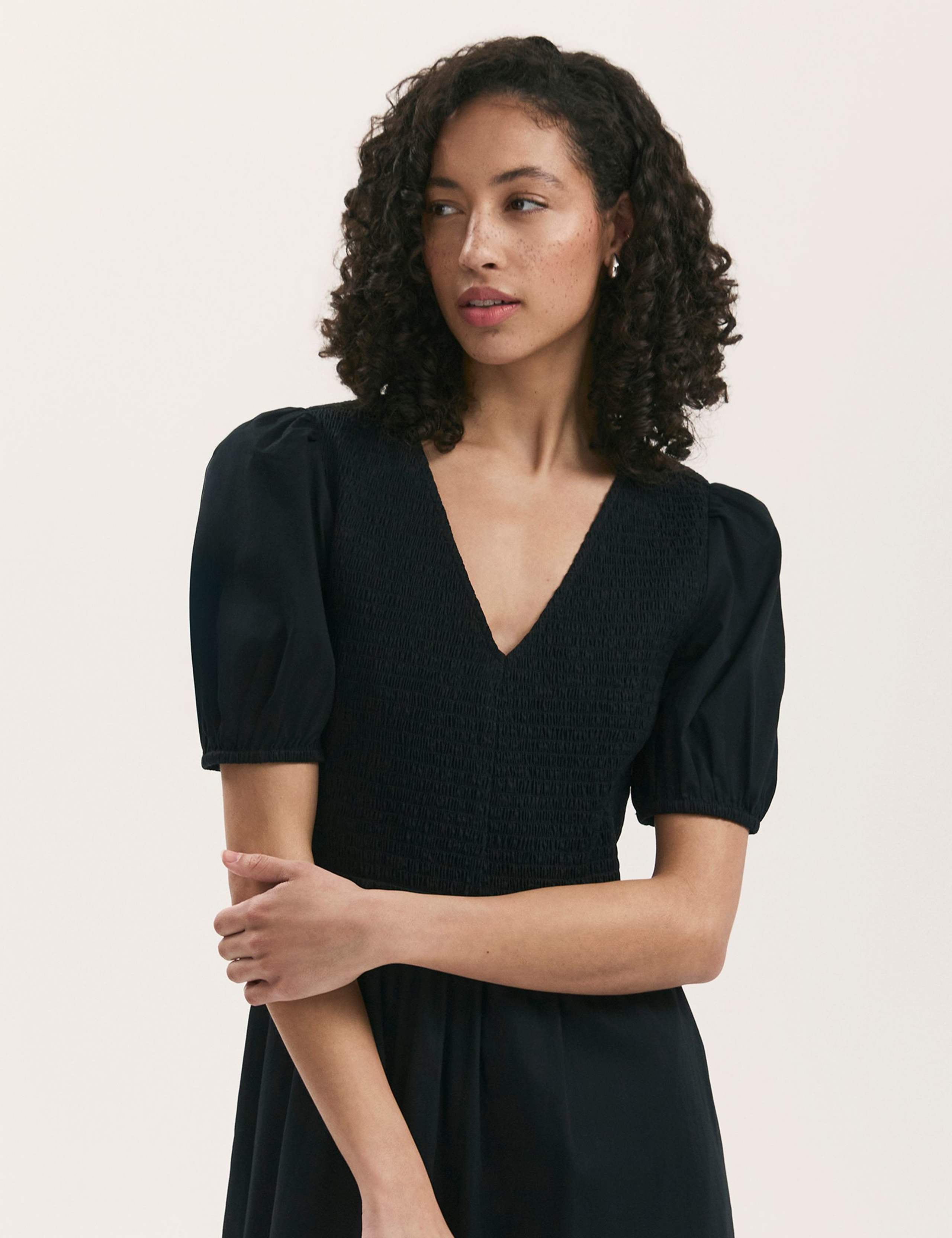 Pure Cotton V-Neck Midi Shirred Dress 4 of 4