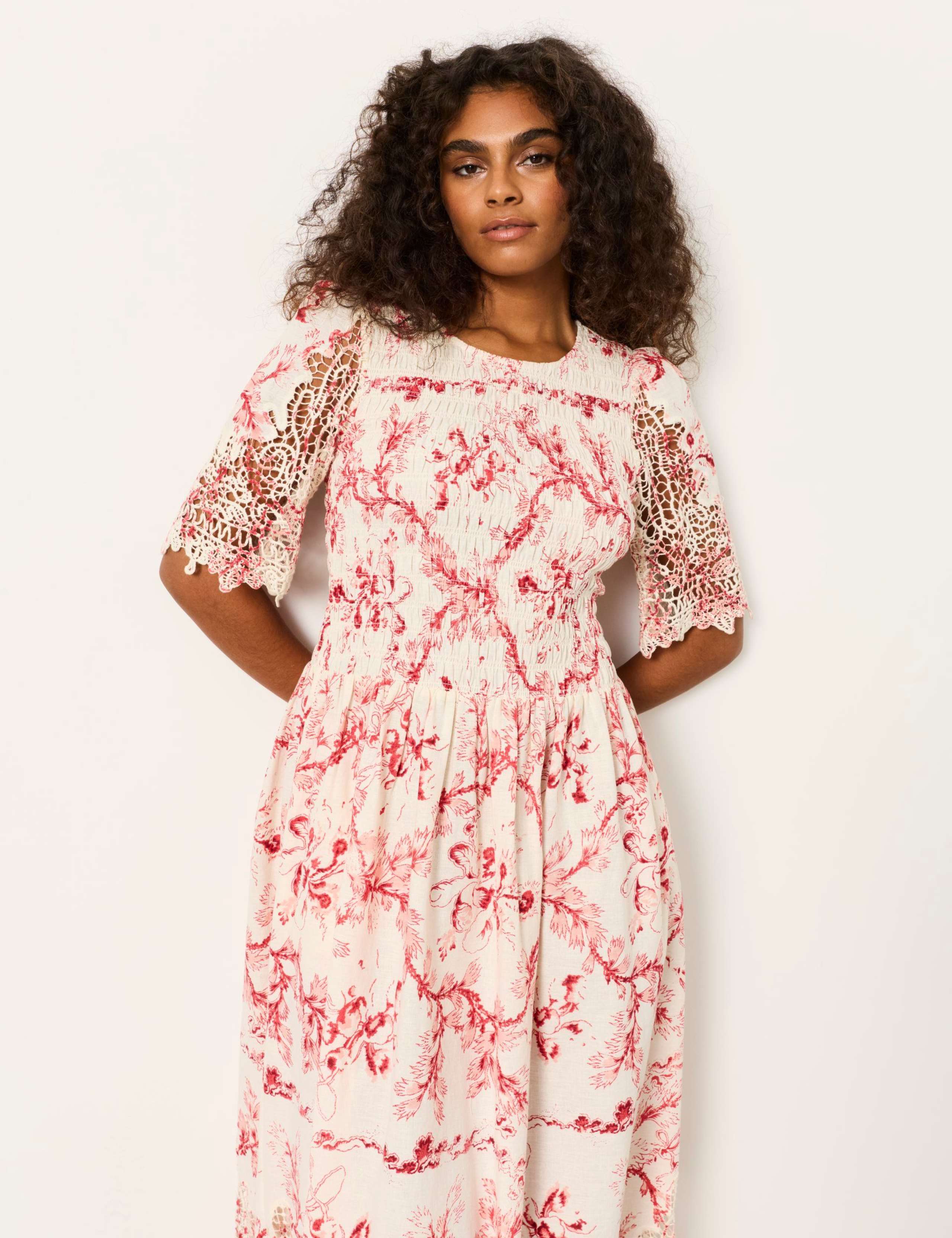 Cotton Rich Floral Lace Trim Midi Dress 3 of 5