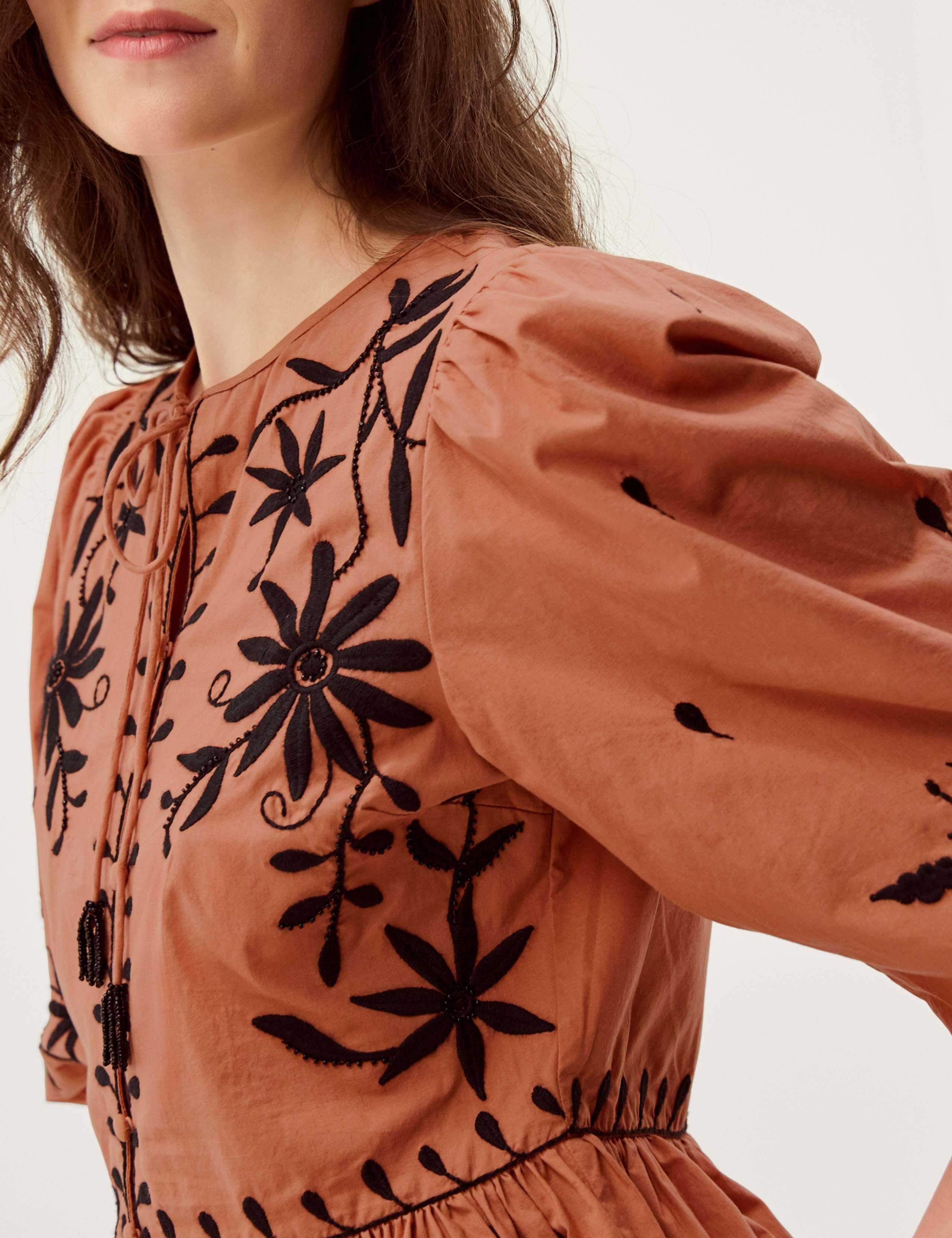Pure Cotton Floral Tie Neck Blouse 4 of 5