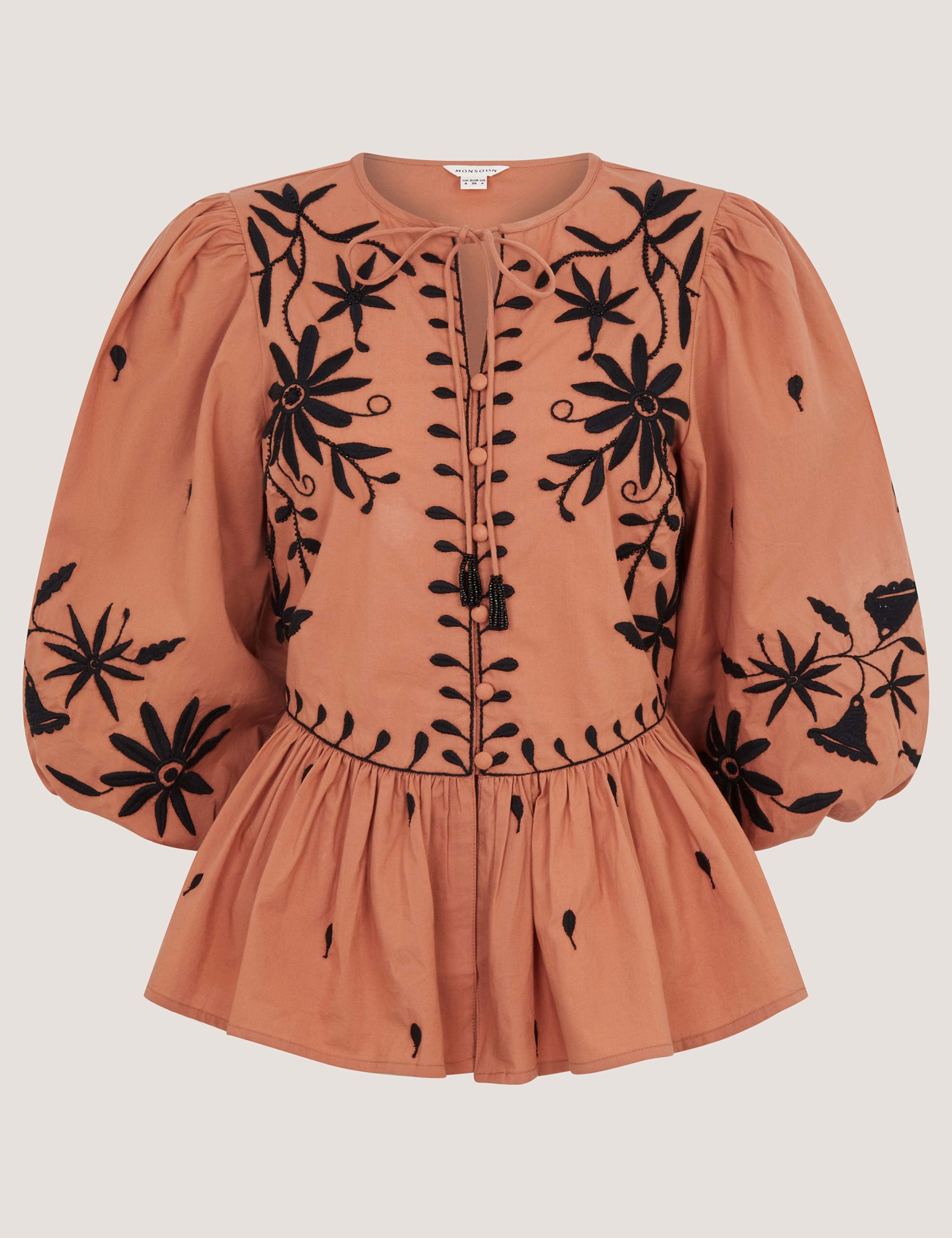 Pure Cotton Floral Tie Neck Blouse 2 of 5