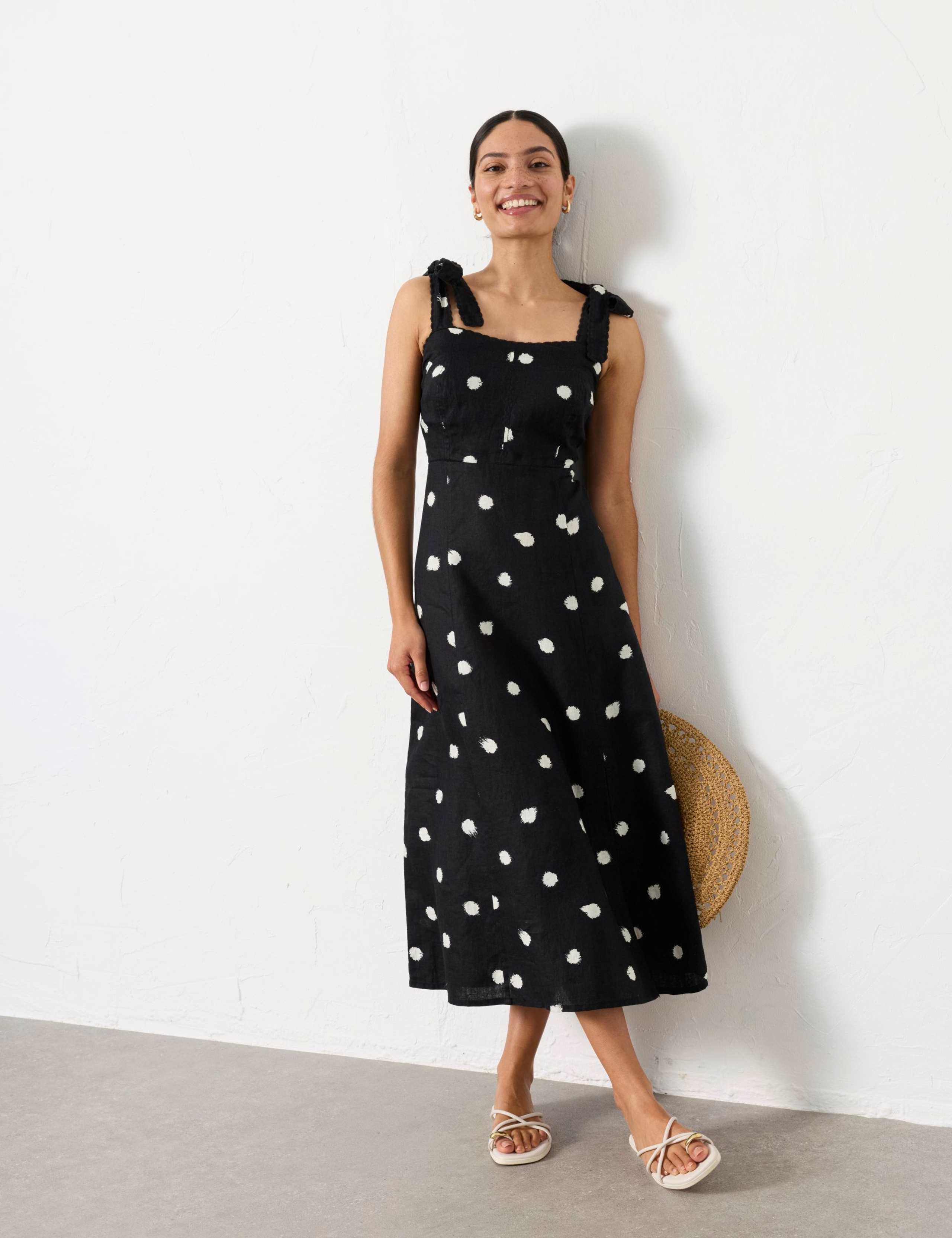 Pure Linen Polka Dot Square Neck Midi Dress 1 of 7