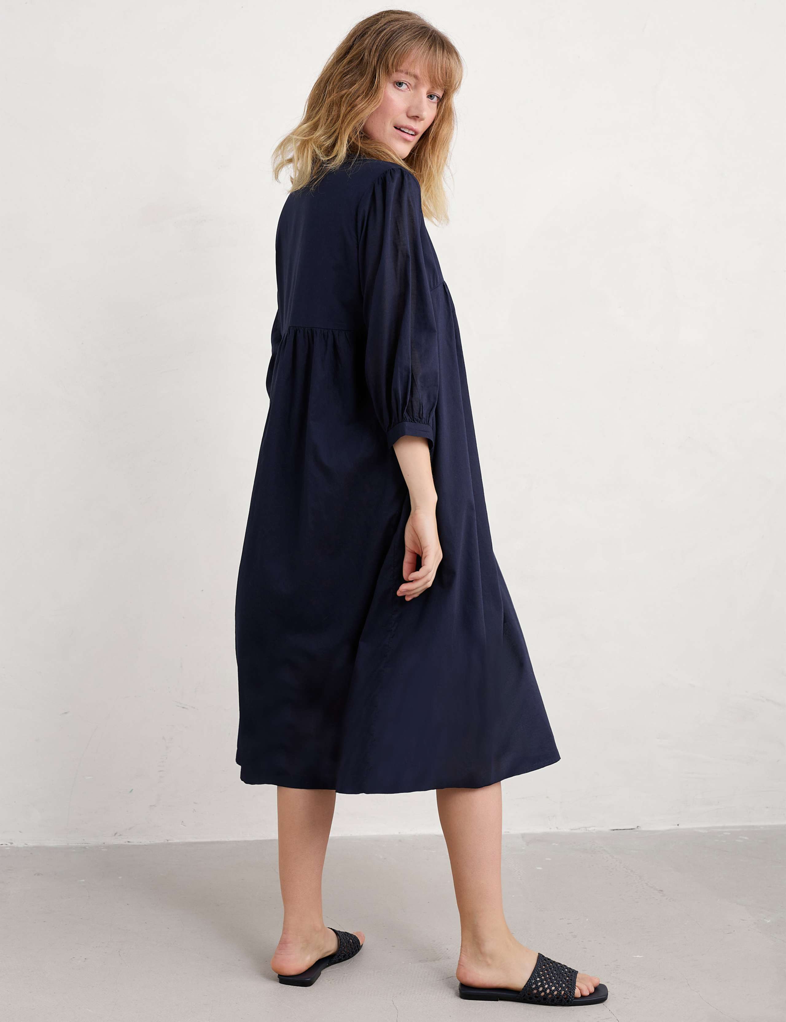 Pure Cotton V-Neck Empire Line Midi Waisted Dress 1 of 5