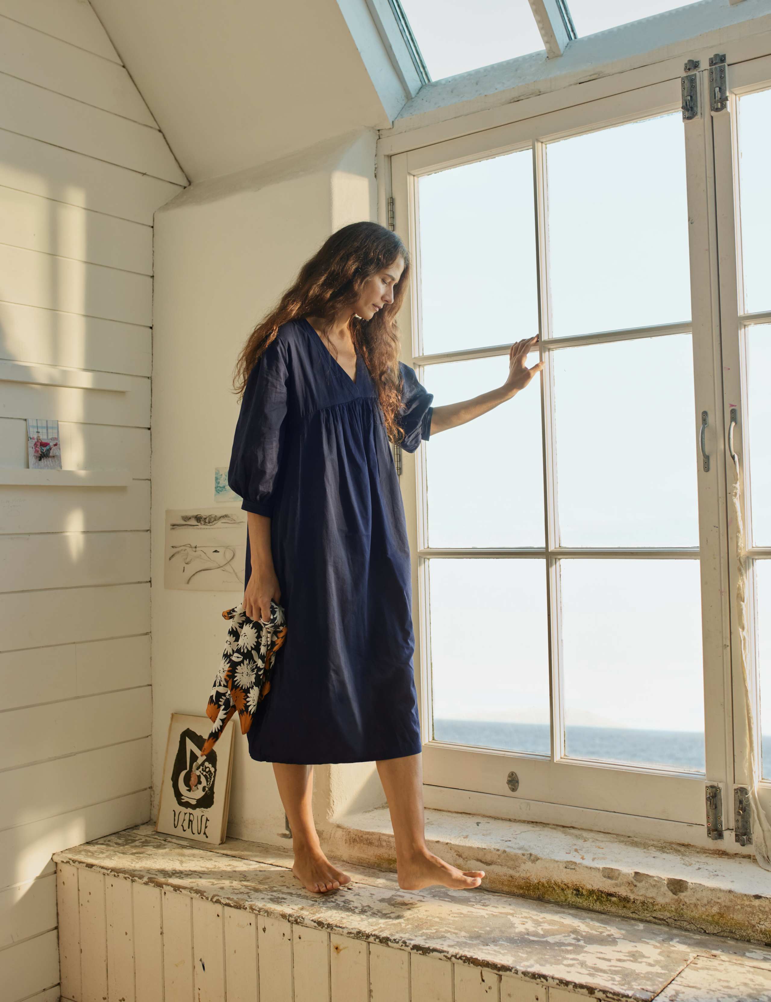 Pure Cotton V-Neck Empire Line Midi Waisted Dress 3 of 5