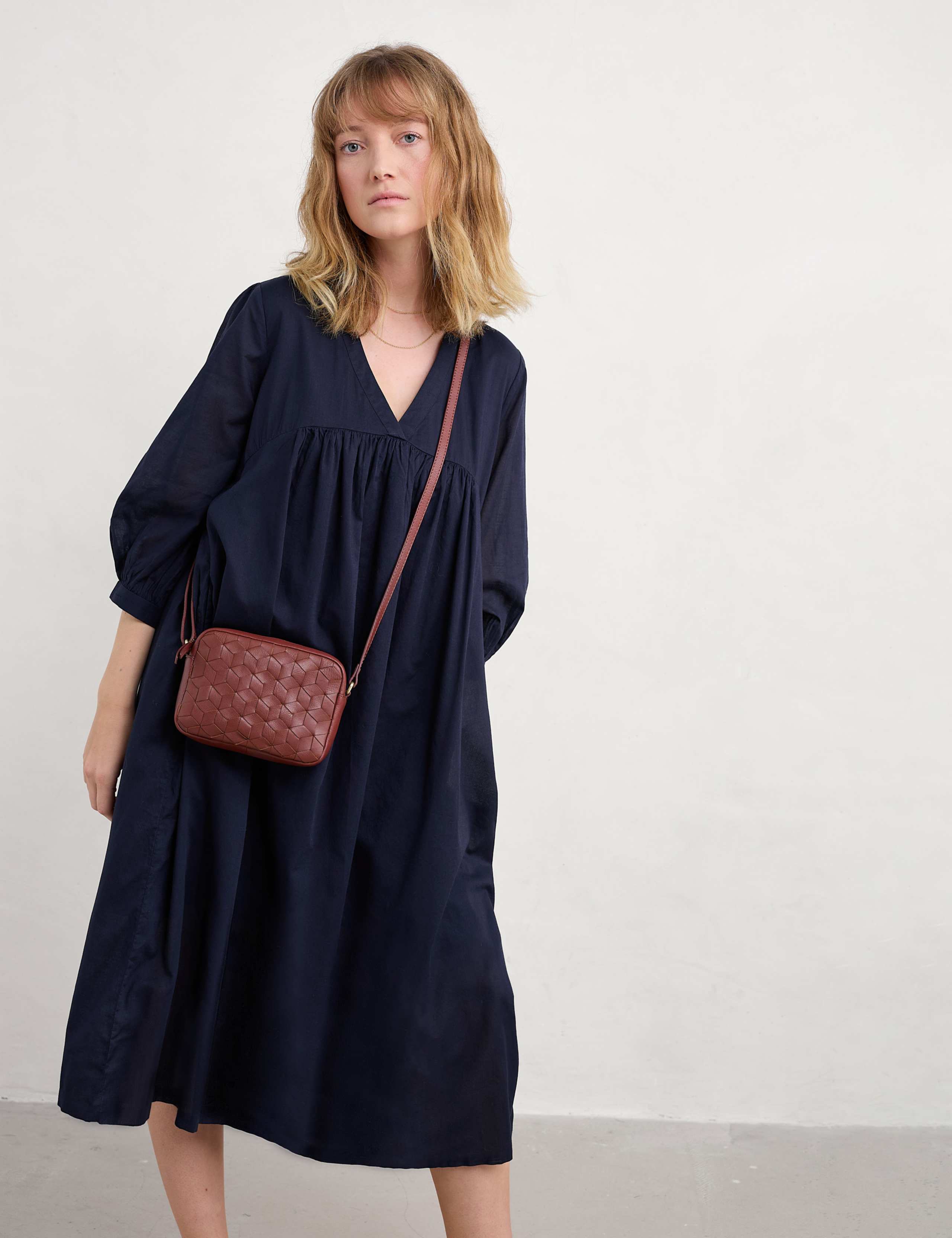 Pure Cotton V-Neck Empire Line Midi Waisted Dress 5 of 5