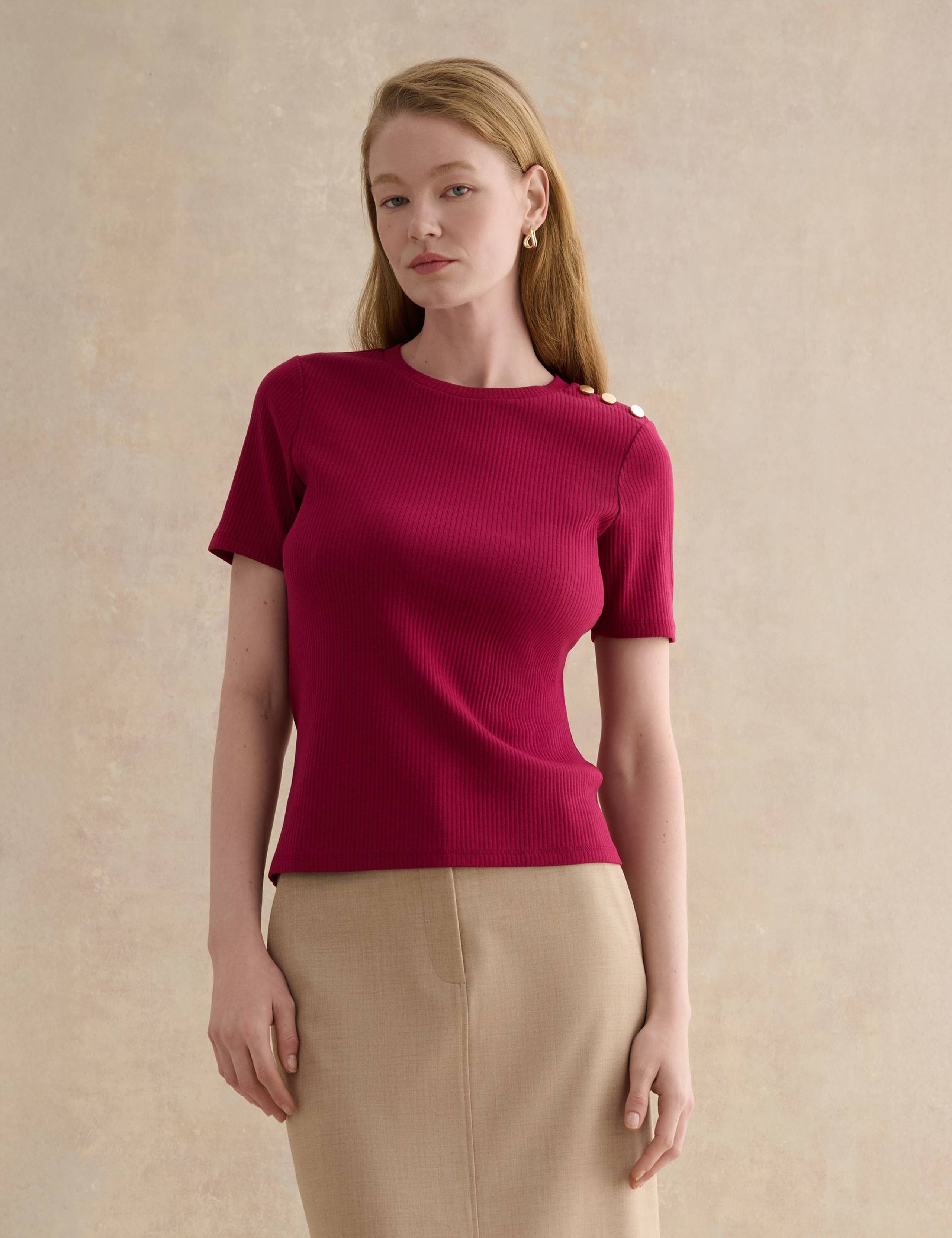 Cotton Blend Ribbed Button Detail Top 3 of 5
