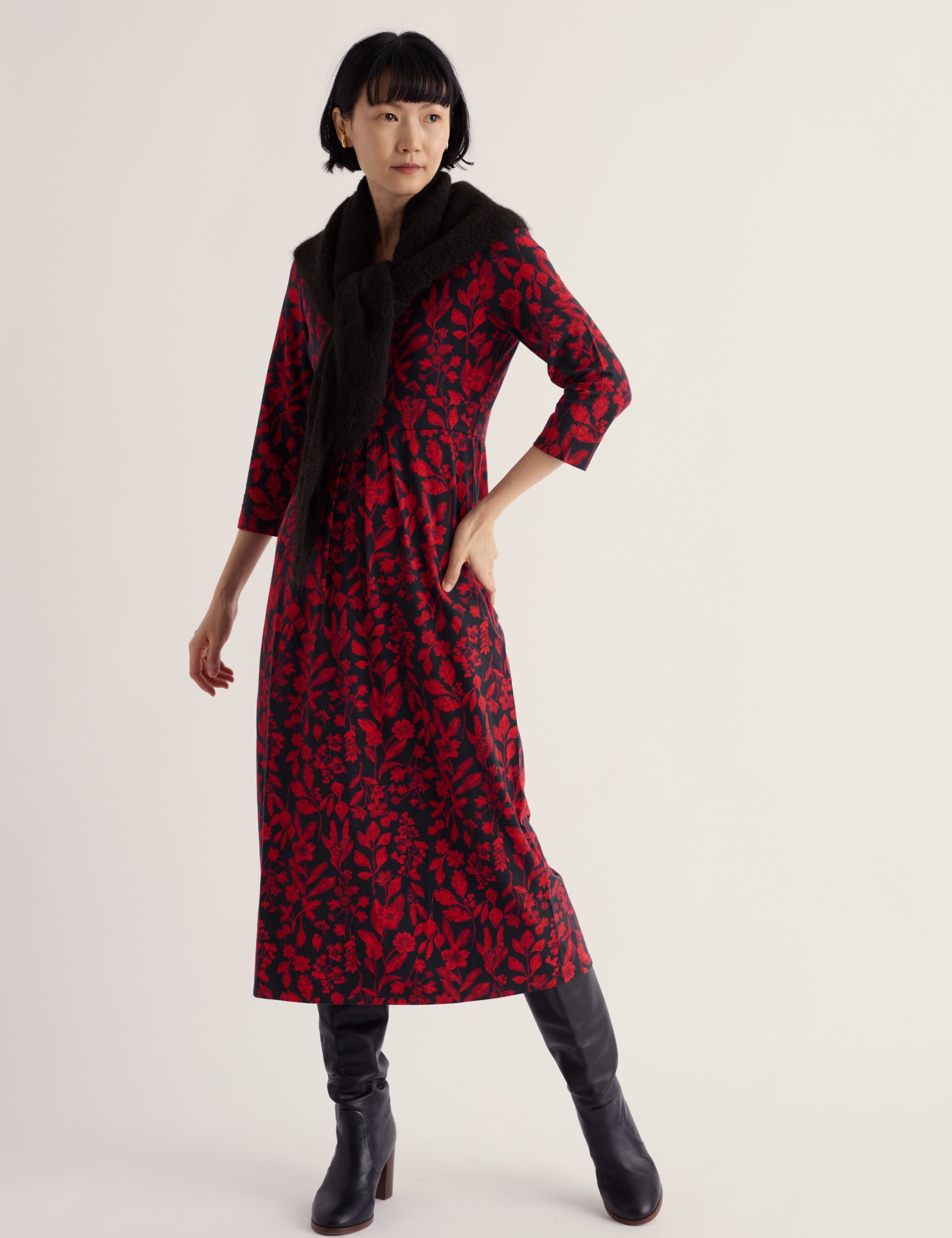 Cotton Rich Floral Square Neck Midi Waisted Dress 5 of 5
