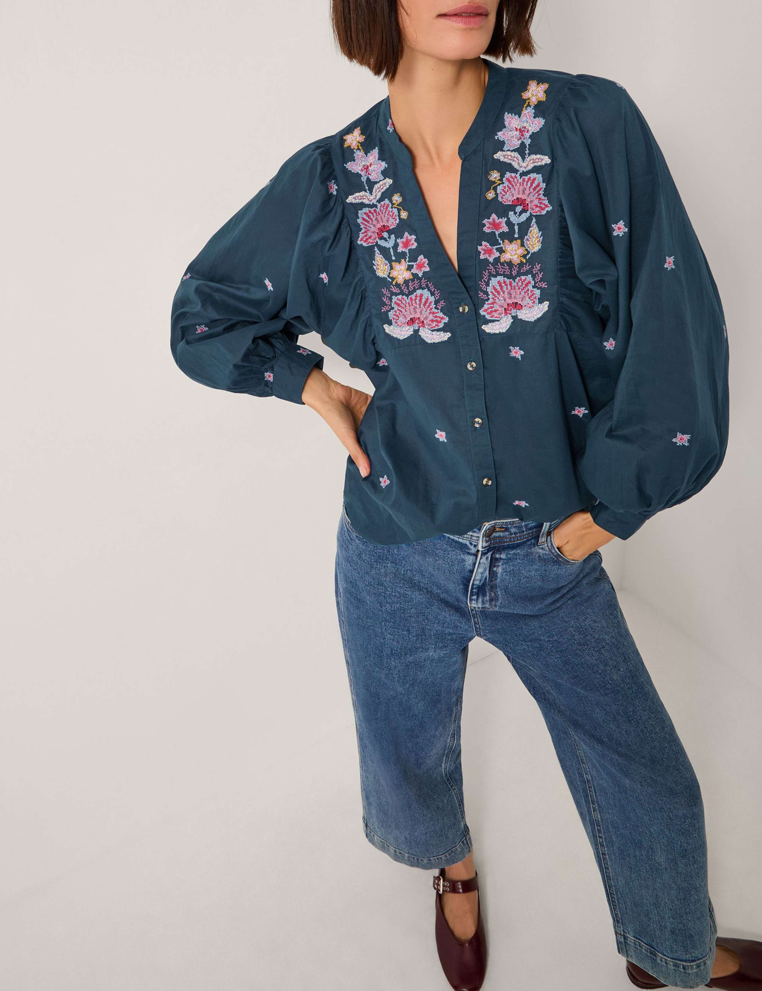 Pure Cotton V-Neck Embroidered Blouse 2 of 4