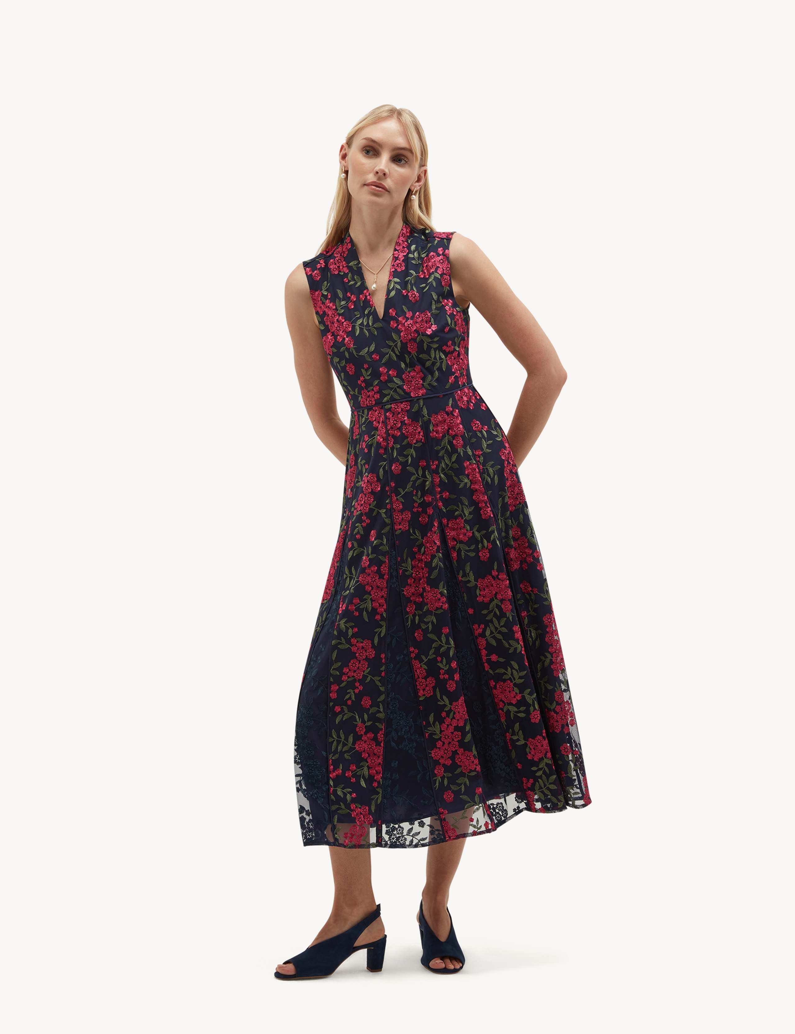 Floral Embroidered V Neck Midi Skater Dress 1 of 6