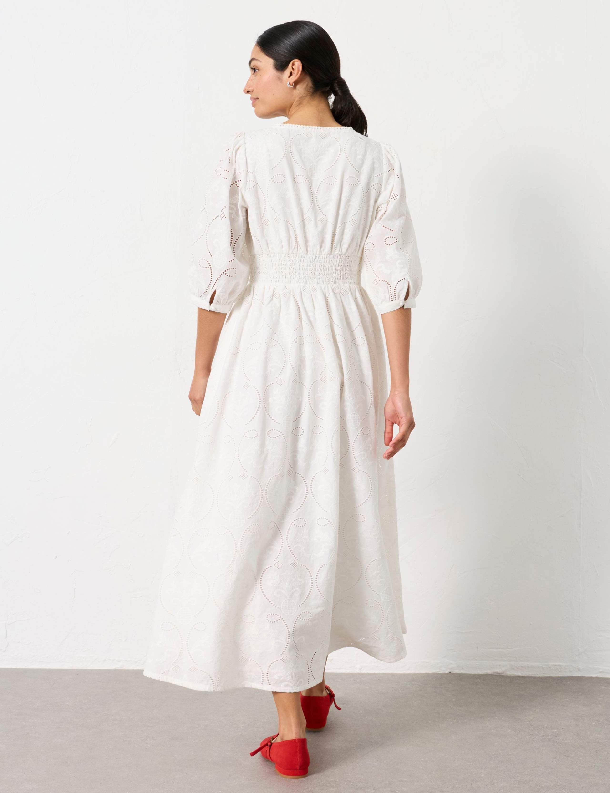 Pure Cotton Broderie V-Neck Midi Waisted Dress 3 of 6