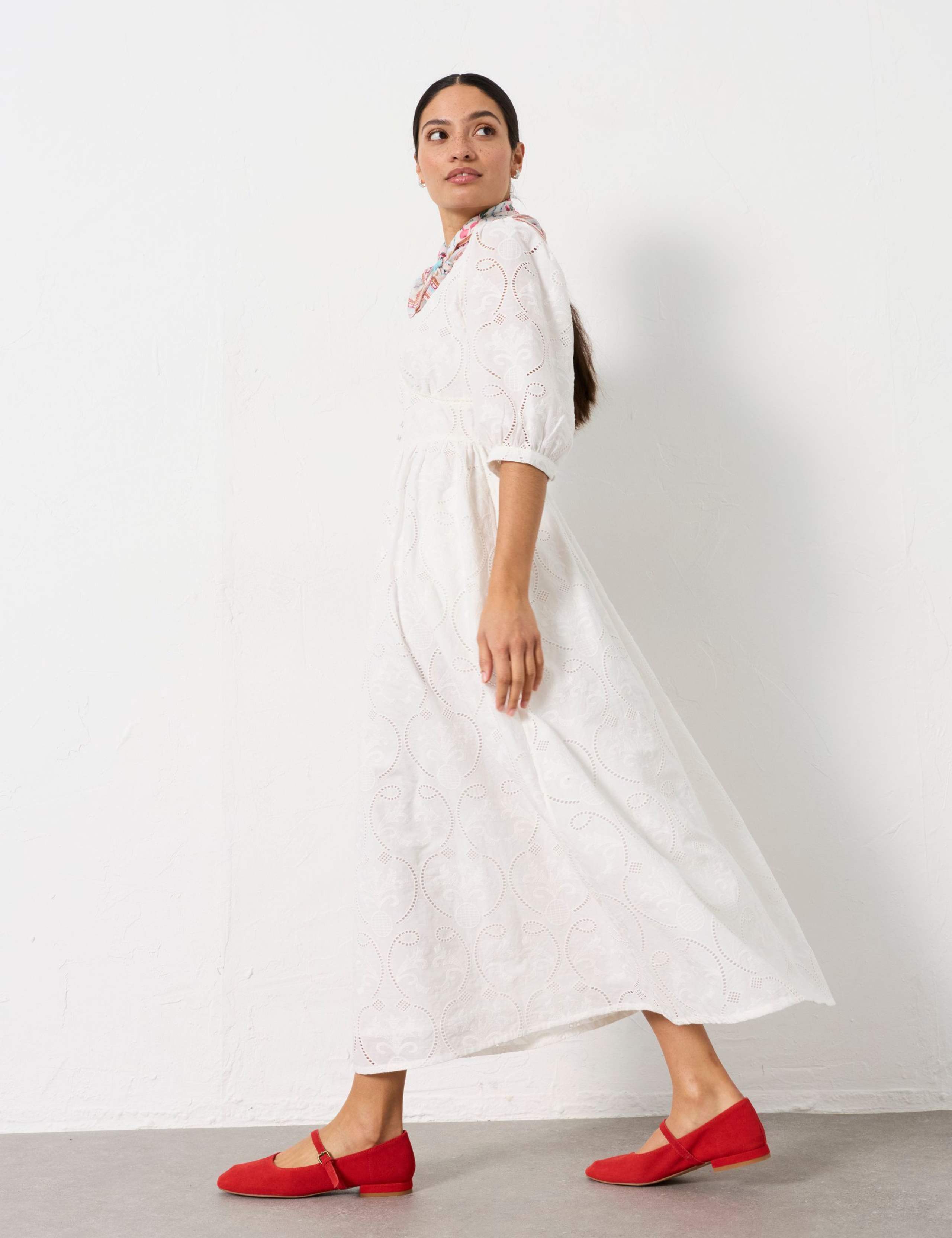 Pure Cotton Broderie V-Neck Midi Waisted Dress 6 of 6