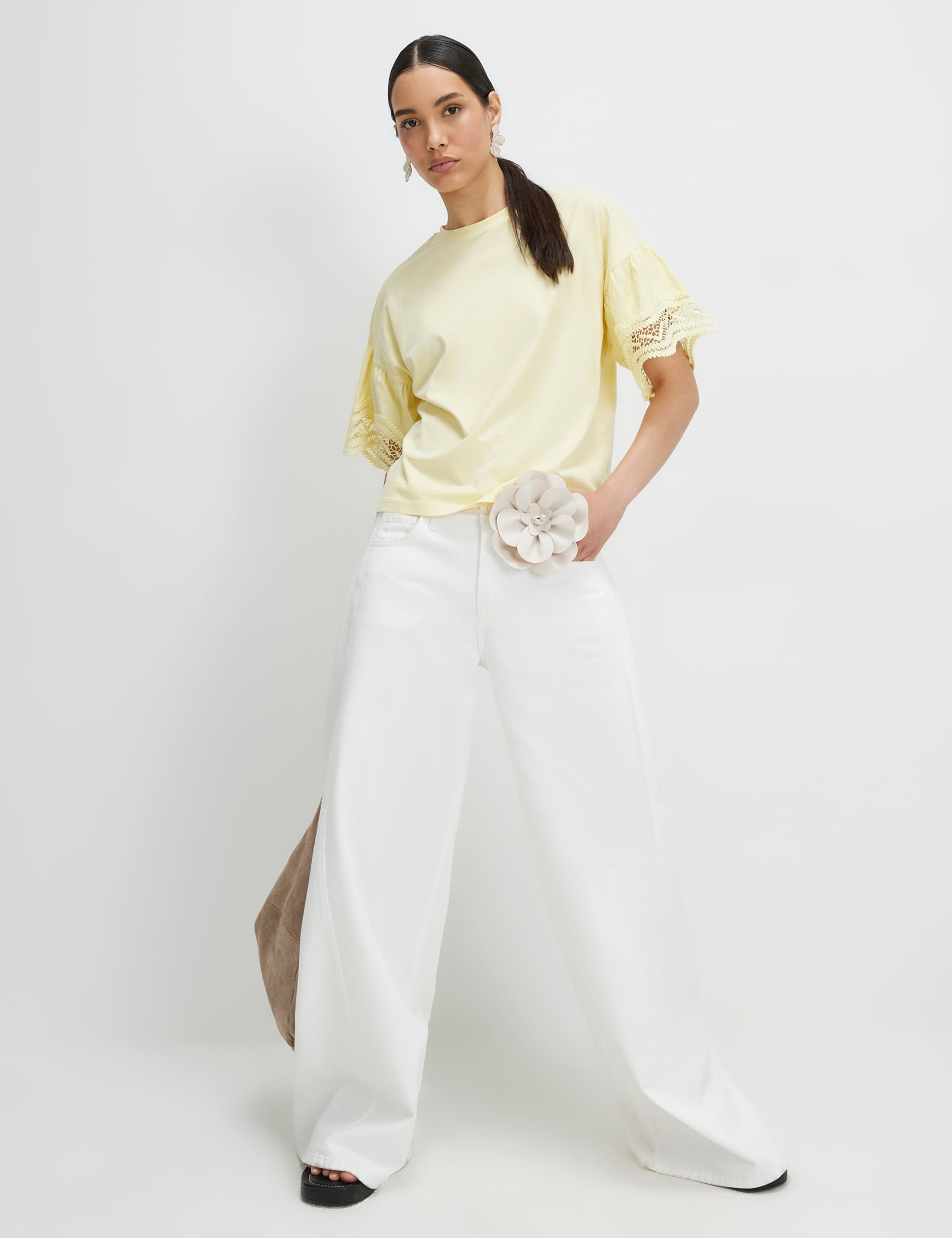 Pure Cotton Lace Trim Drop Shoulder T-Shirt 2 of 4