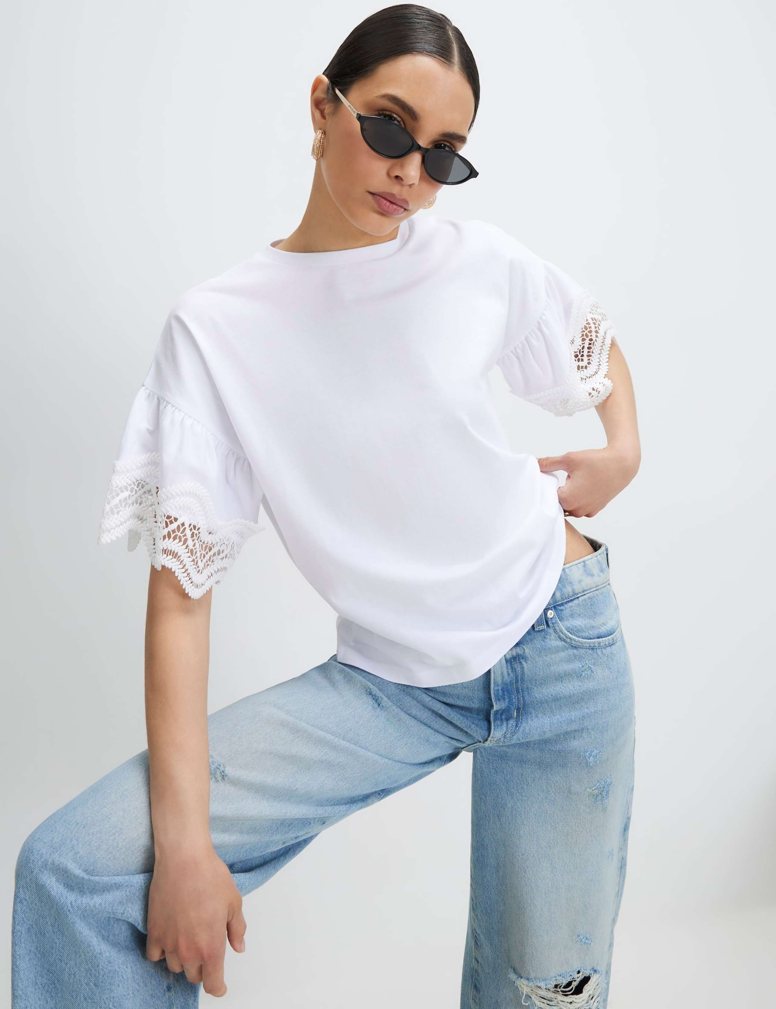 Pure Cotton Lace Trim Drop Shoulder T-Shirt 1 of 4