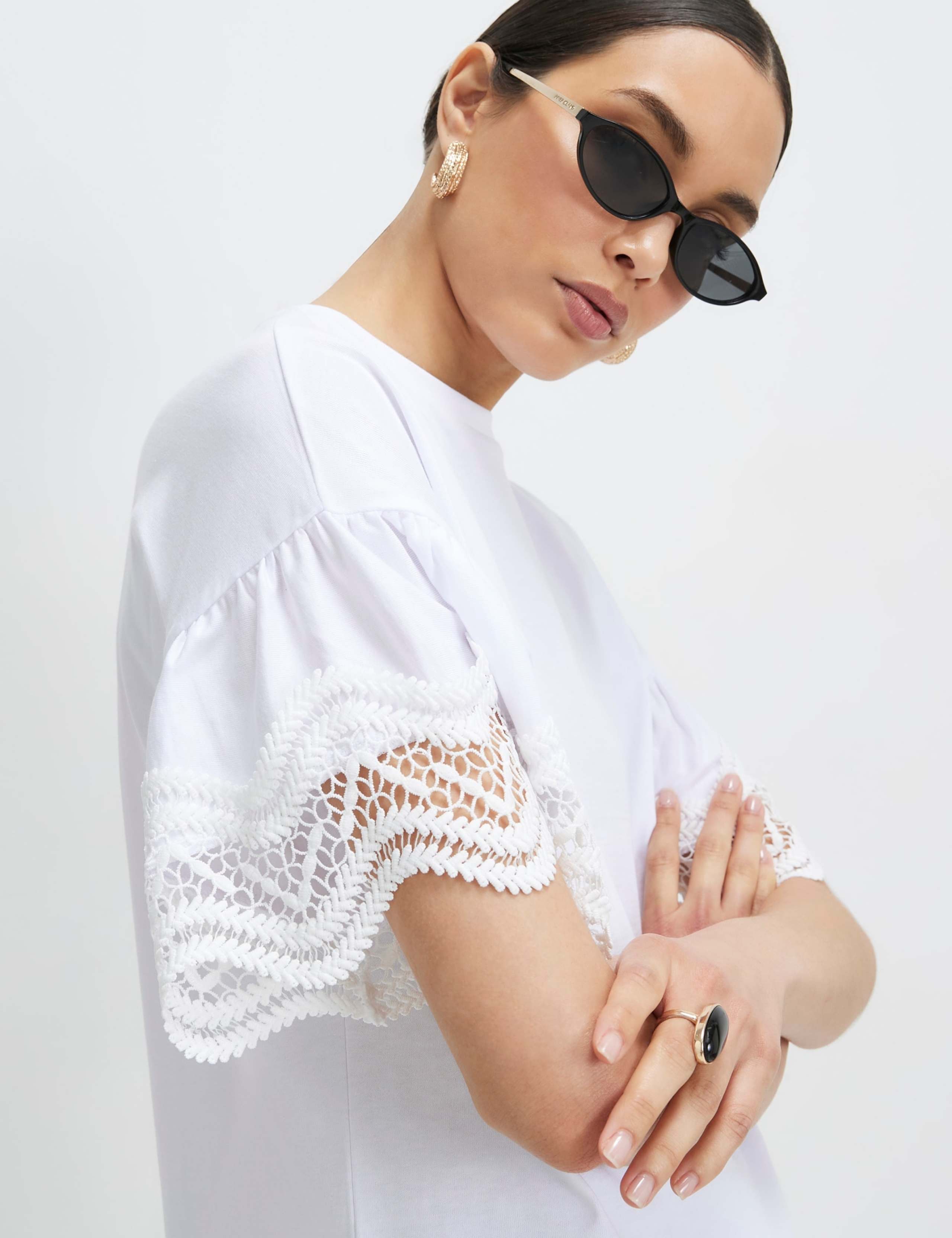 Pure Cotton Lace Trim Drop Shoulder T-Shirt 2 of 4