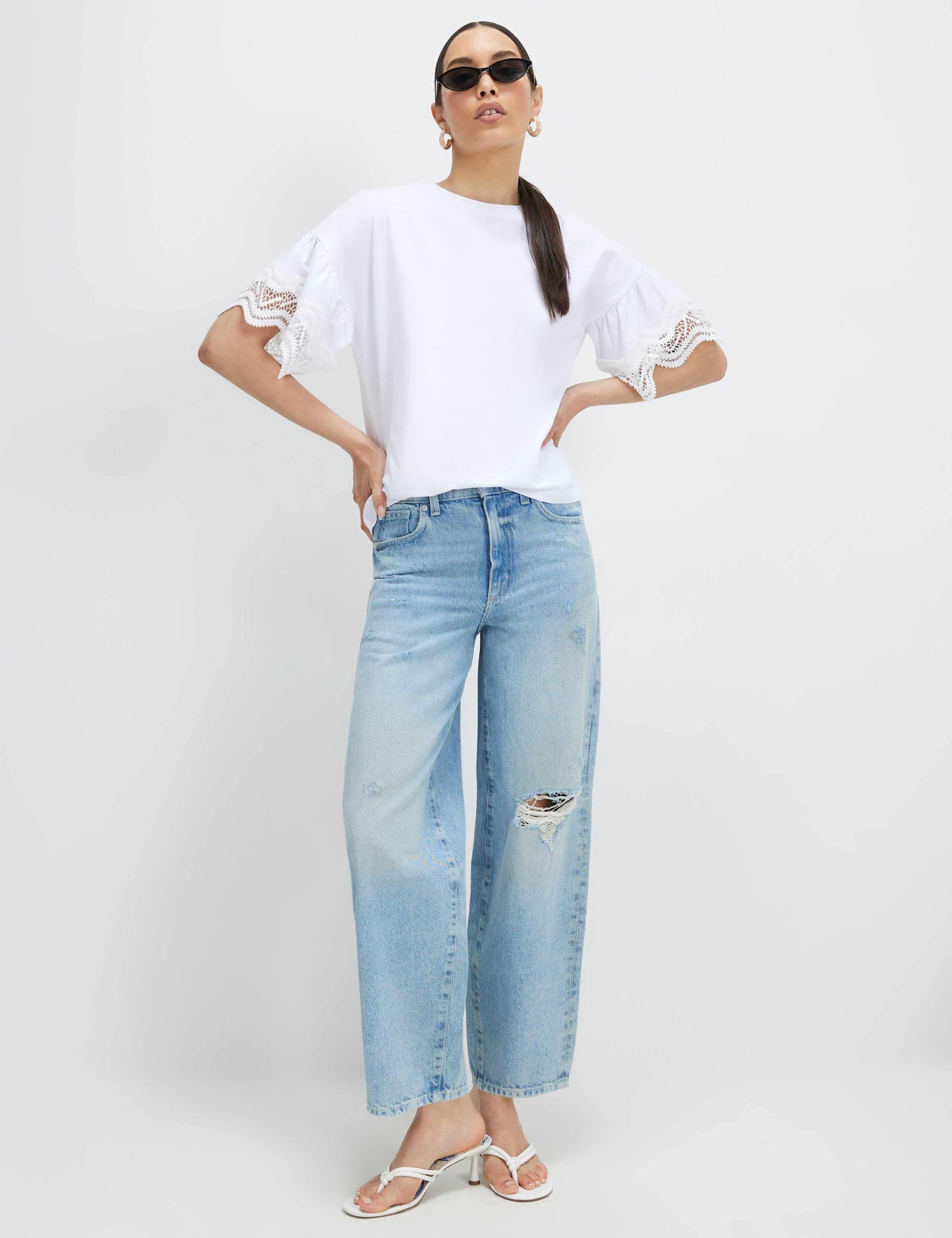 Pure Cotton Lace Trim Drop Shoulder T-Shirt 3 of 4