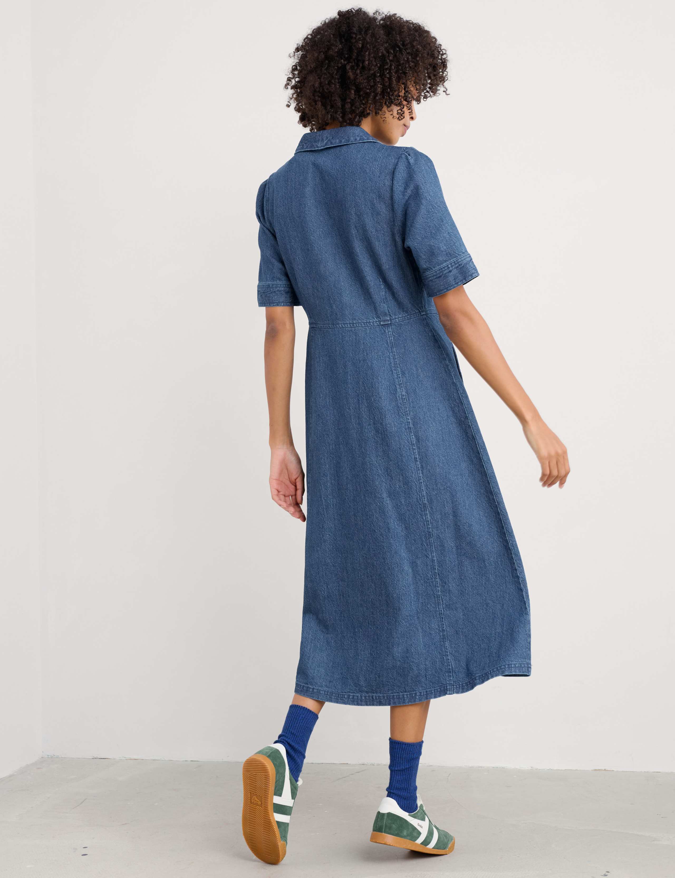 Denim Collared Midi Waisted Dress with Linen 4 of 5