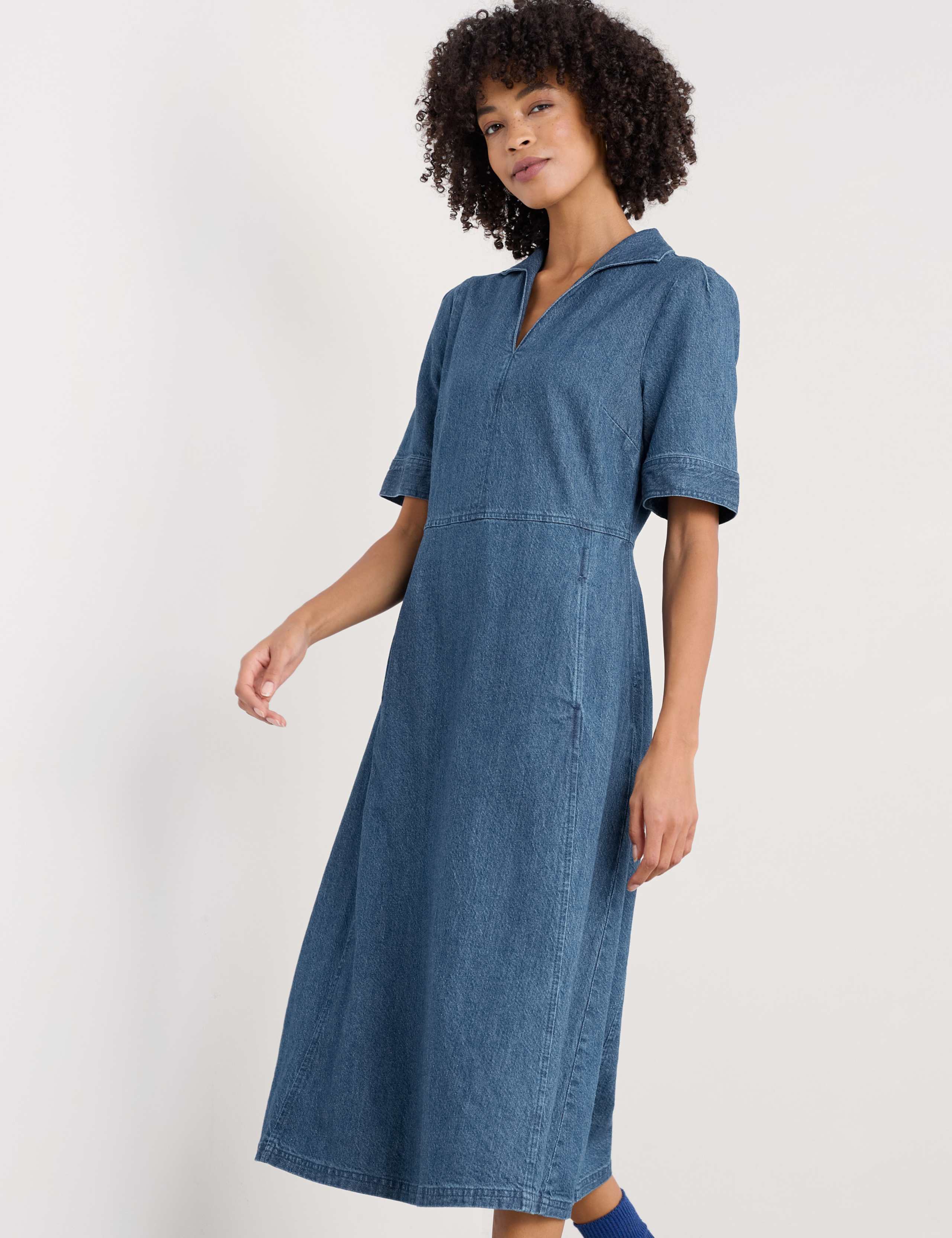 Denim Collared Midi Waisted Dress with Linen 5 of 5