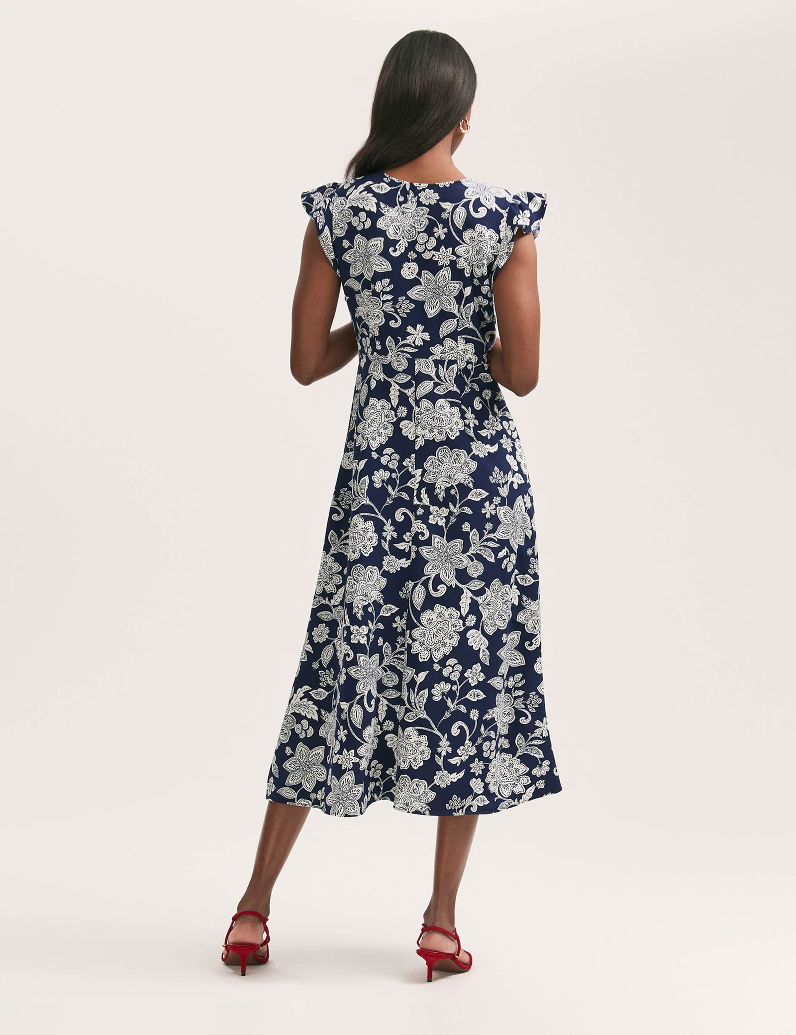 Printed V-Neck Ruffle Midi Tea Dress 3 of 4