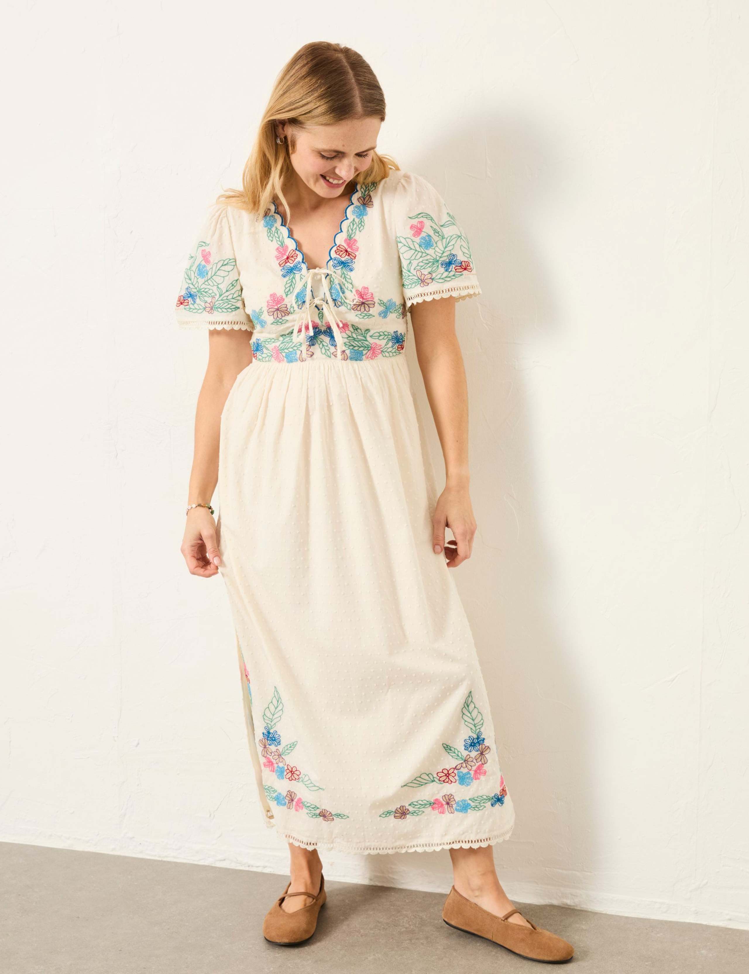 Pure Cotton Embroidered V-Neck Midi Dress 1 of 7