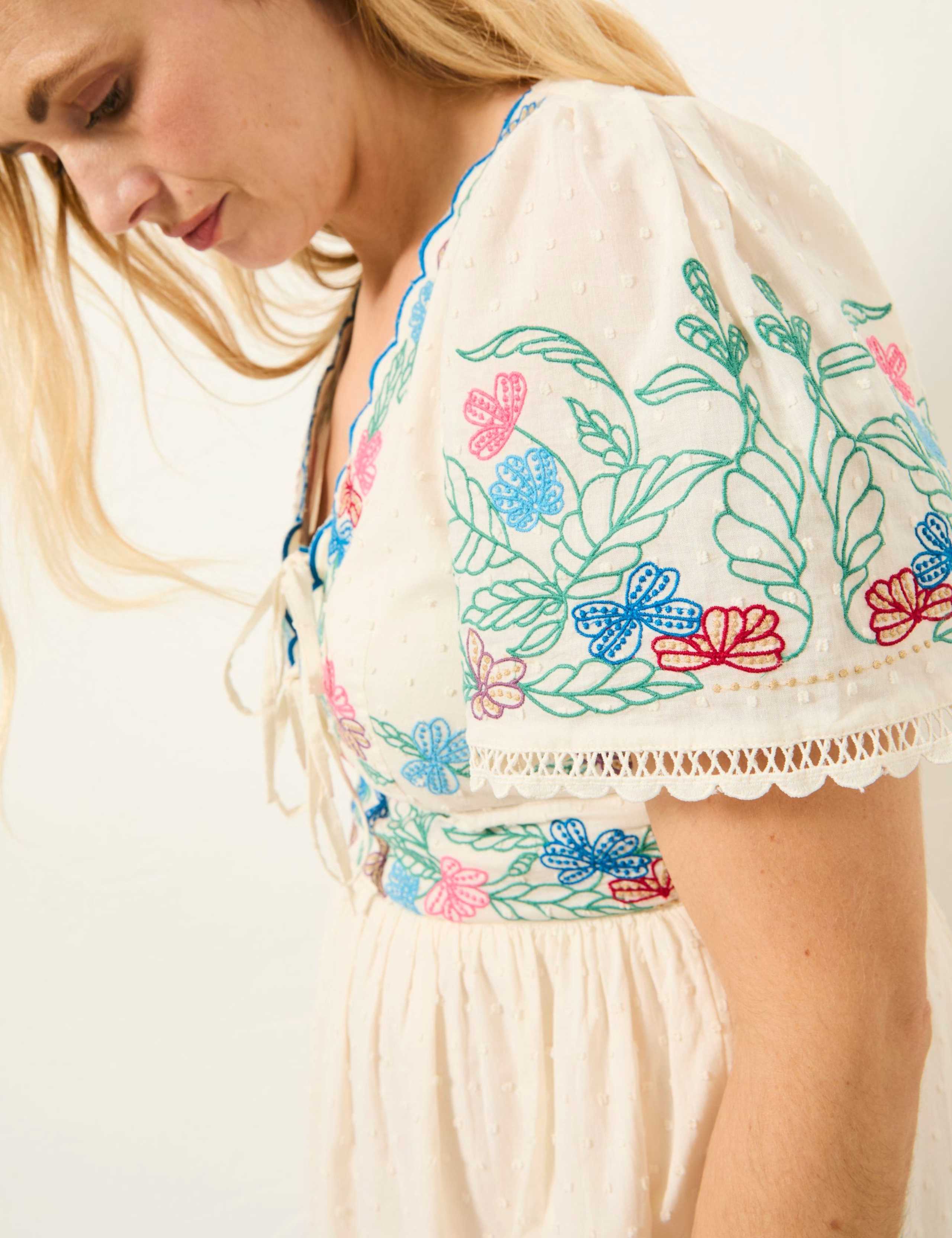 Pure Cotton Embroidered V-Neck Midi Dress 5 of 7