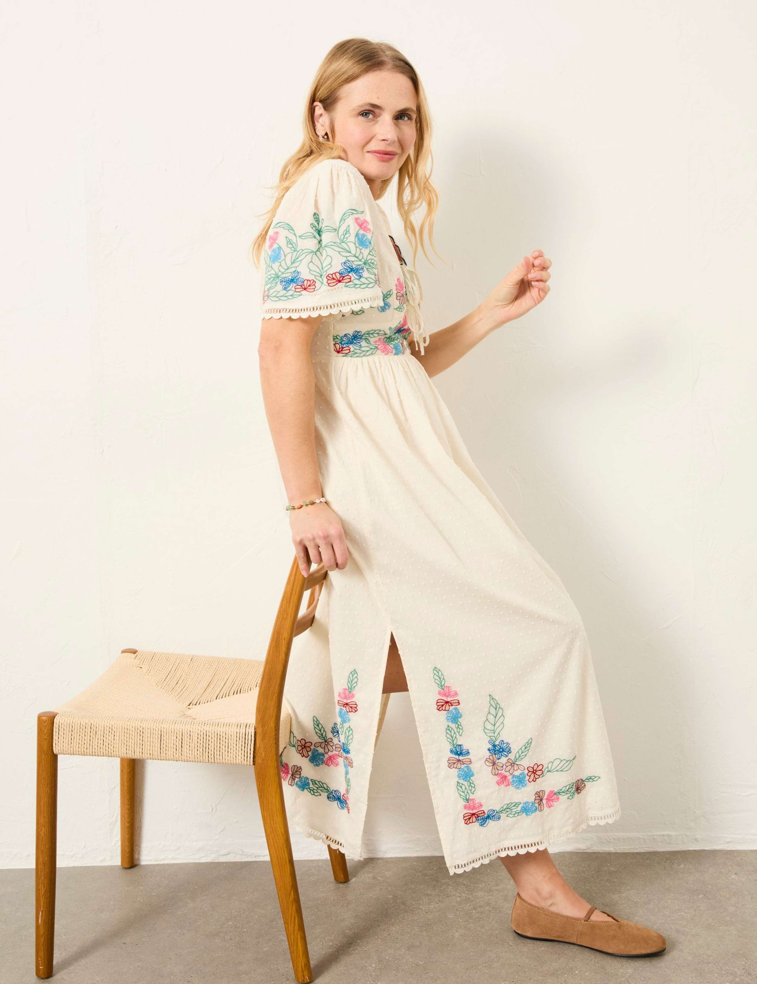 Pure Cotton Embroidered V-Neck Midi Dress 6 of 7