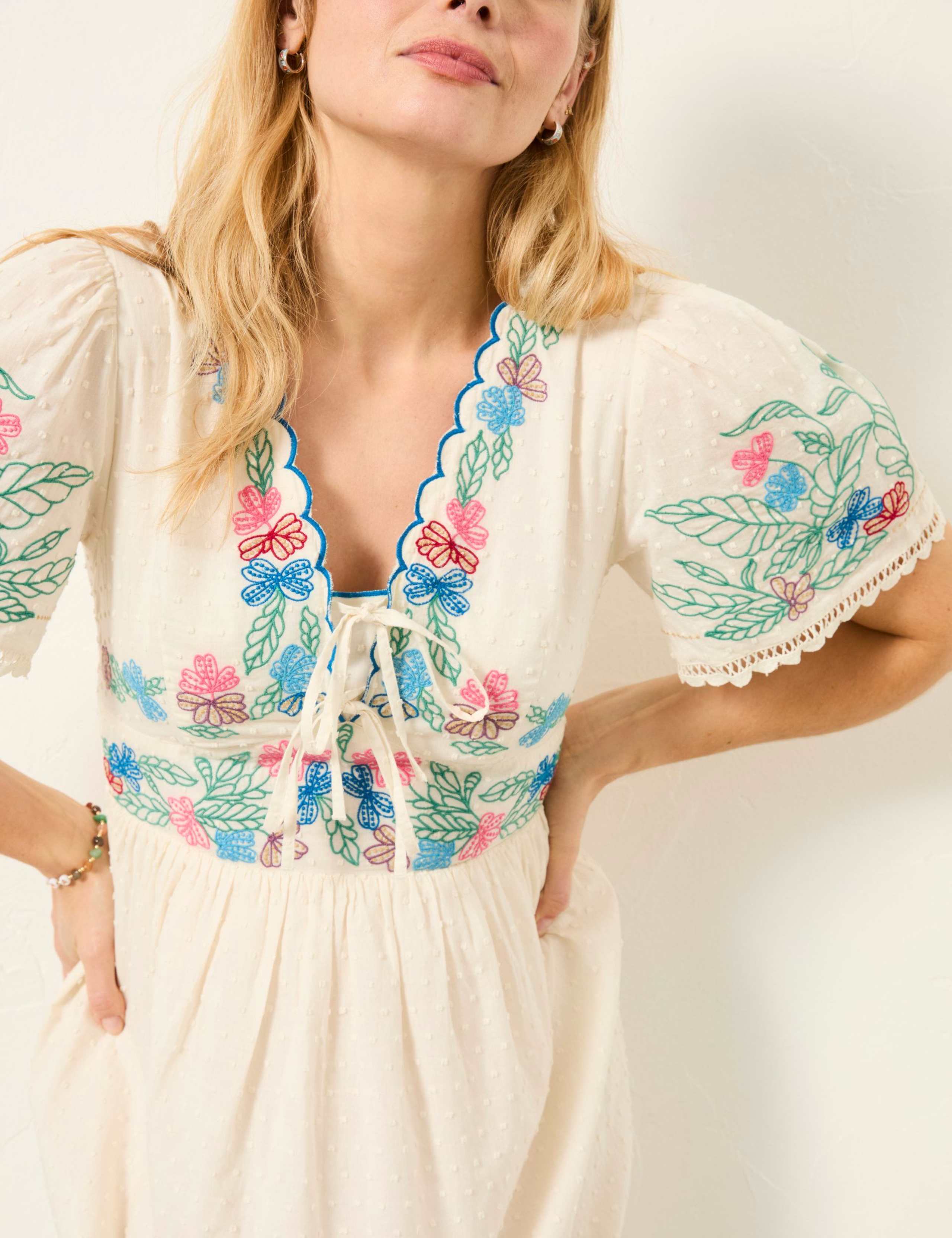 Pure Cotton Embroidered V-Neck Midi Dress 7 of 7