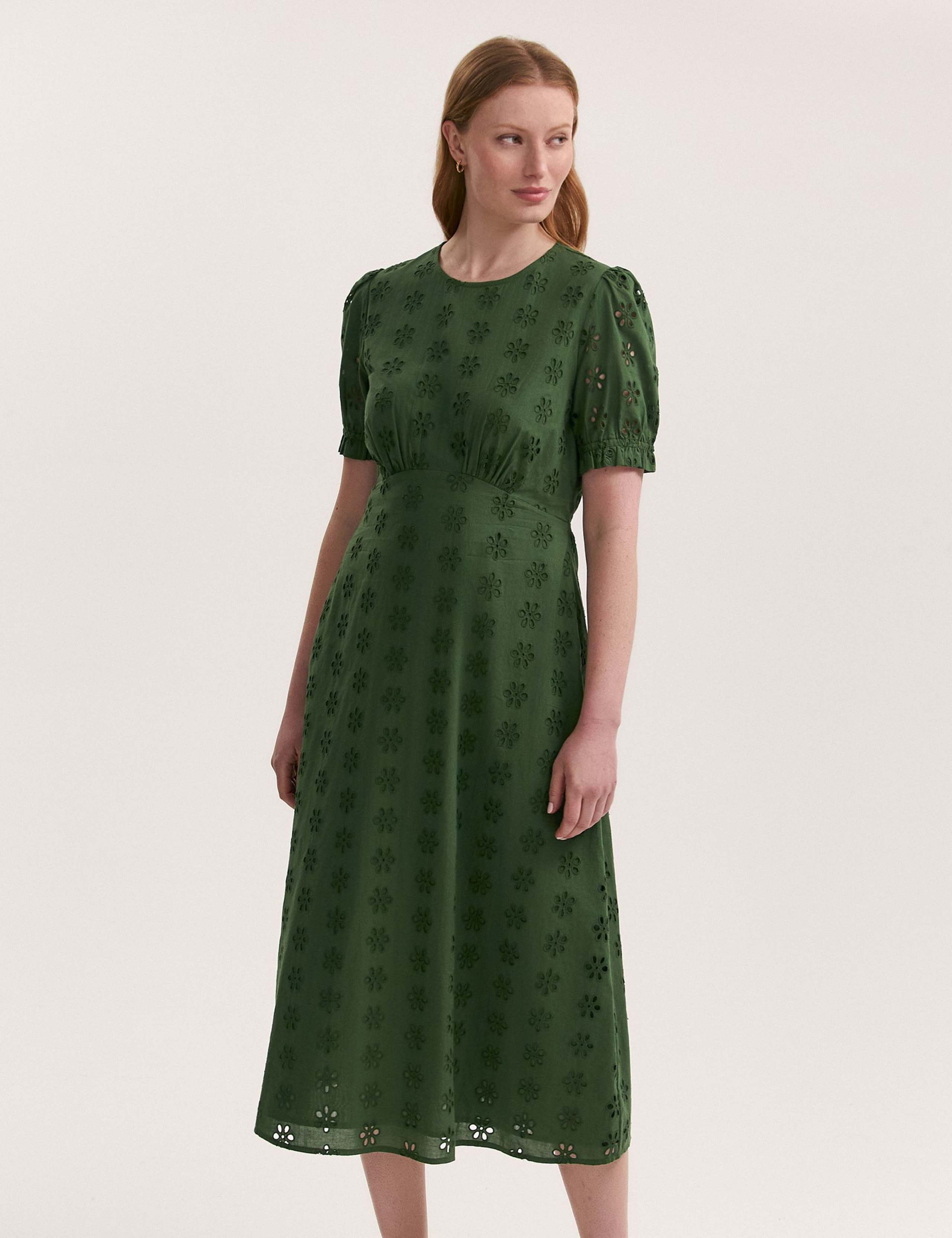 Pure Cotton Embroidered Midi Tea Dress 3 of 4