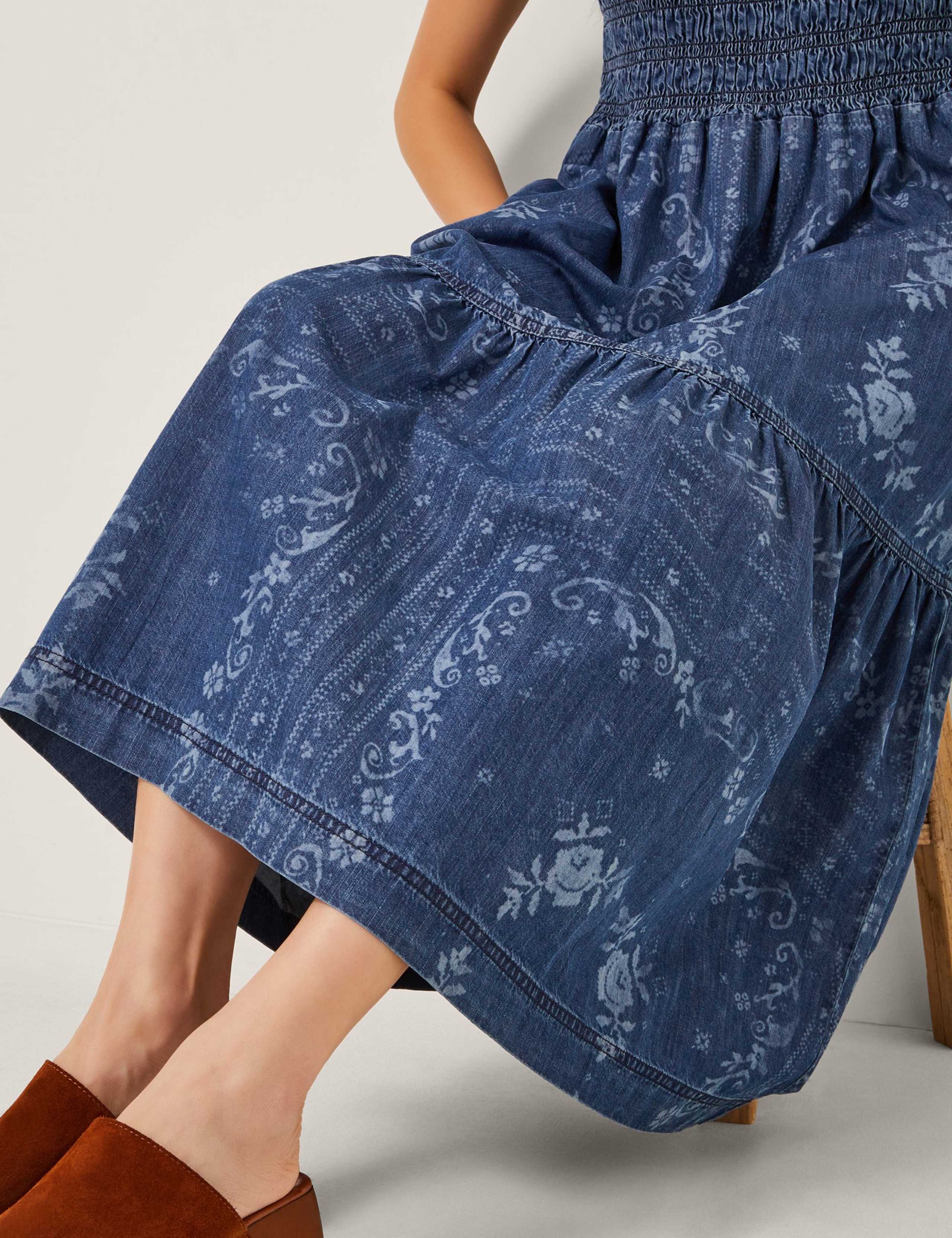 Cecily Floral Smocked Denim Midi Dress Blue 2 of 4