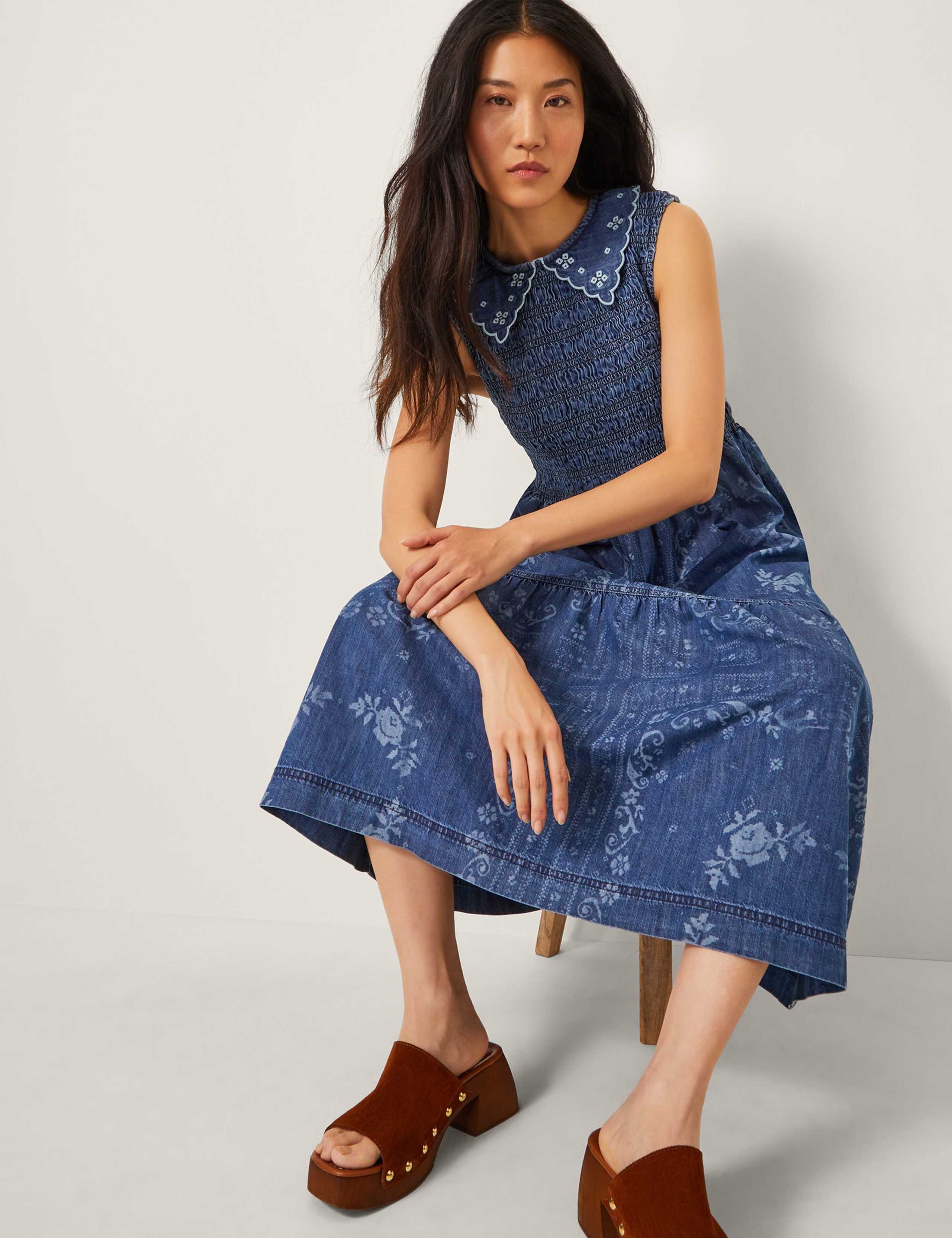 Cecily Floral Smocked Denim Midi Dress Blue 3 of 4