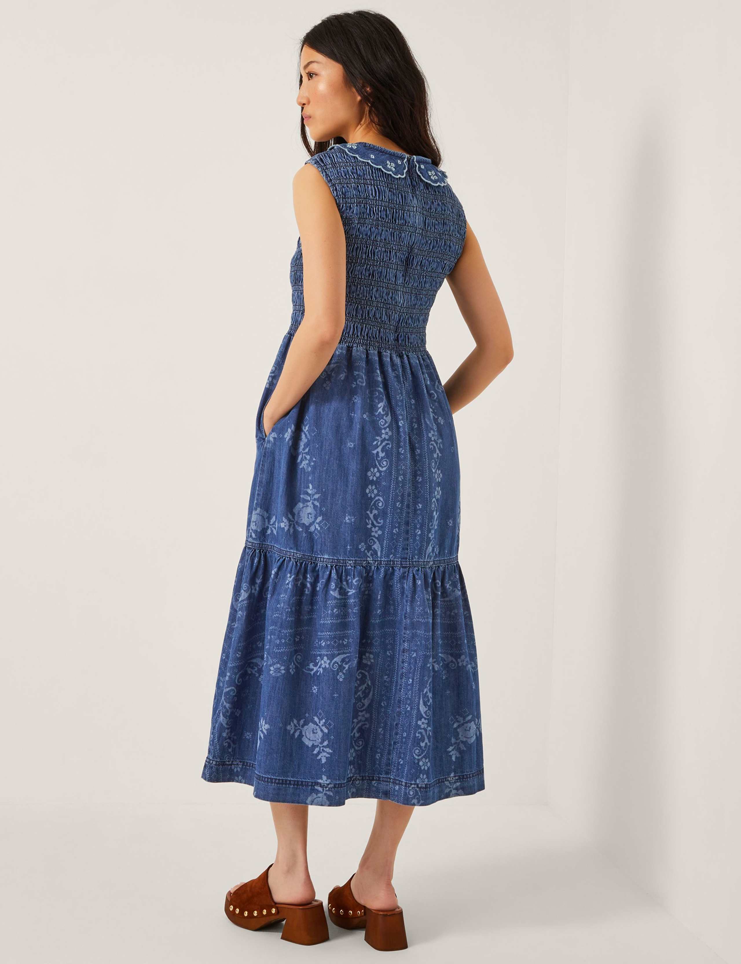 Cecily Floral Smocked Denim Midi Dress Blue 4 of 4
